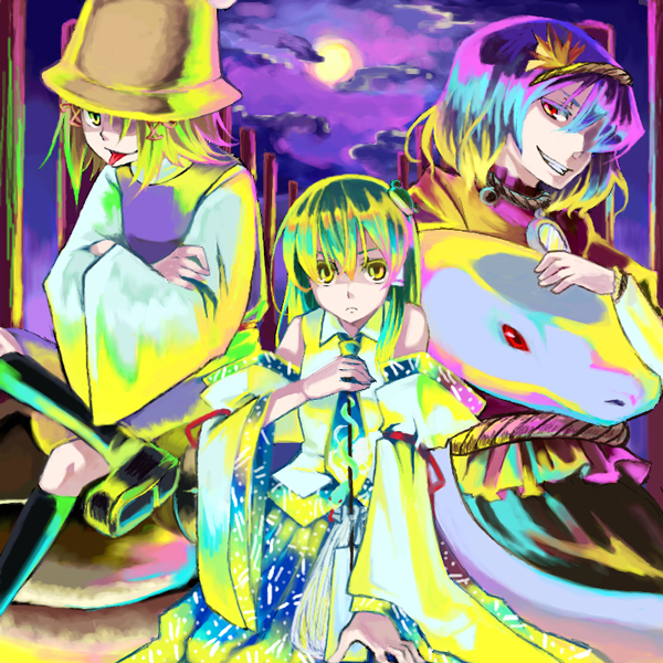 tadano kagekichi, kochiya sanae, moriya suwako, yasaka kanako, touhou, black footwear, eyebrows, 3girls, bare shoulders, black socks, blonde hair, cloud, cloudy sky, crossed arms, detached sleeves, female focus, frog hair ornament, full moon, green hair, grin, hair ornament, hair over one eye, hair ribbon, hat, kneehighs, long sleeves, looking at viewer, mirror, moon, multiple girls, night, night sky, purple hair, red eyes, red ribbon, ribbon, rope, shoes, sky, smile, snake, socks, tongue, tongue out, tress ribbon, wide sleeves, yellow eyes