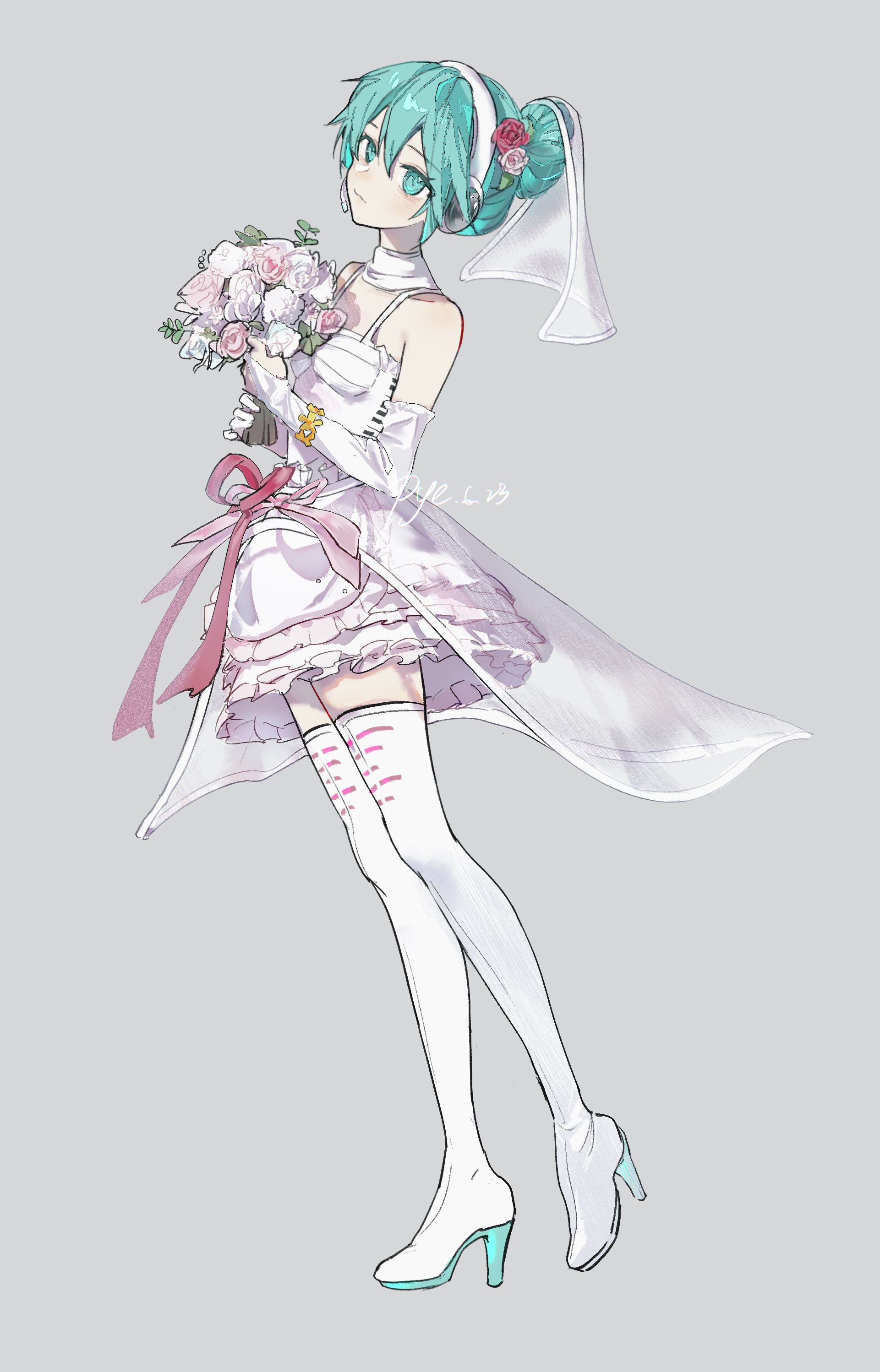 pye yyy, hatsune miku, hatsune miku (white dress), project diva (series), vocaloid, absurdres, commentary, english commentary, highres, 1girl, :3, aqua eyes, aqua hair, artist name, bare shoulders, boots, bouquet, breasts, bridal gauntlets, choker, chromatic aberration, closed mouth, colored shoe soles, double-parted bangs, dress, flower, frilled bridal gauntlets, frilled dress, frills, full body, grey background, hair between eyes, hair bun, hair flower, hair ornament, headphones, headset, high heel boots, high heels, holding, holding bouquet, looking at viewer, pink flower, pink ribbon, pink rose, red flower, red rose, ribbon, ribbon-trimmed dress, ribbon trim, rose, see-through overskirt, short dress, short hair, simple background, single hair bun, sleeveless, sleeveless dress, small breasts, solo, spaghetti strap, standing, thigh boots, thighhighs, veil, white boots, white bridal gauntlets, white choker, white dress, white flower, white overskirt, white rose, white veil, zettai ryouiki