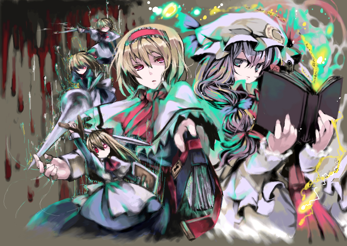 tadano kagekichi, alice margatroid, hourai doll, patchouli knowledge, shanghai doll, touhou, 2girls, book, female focus, hairband, multiple girls, sword, weapon