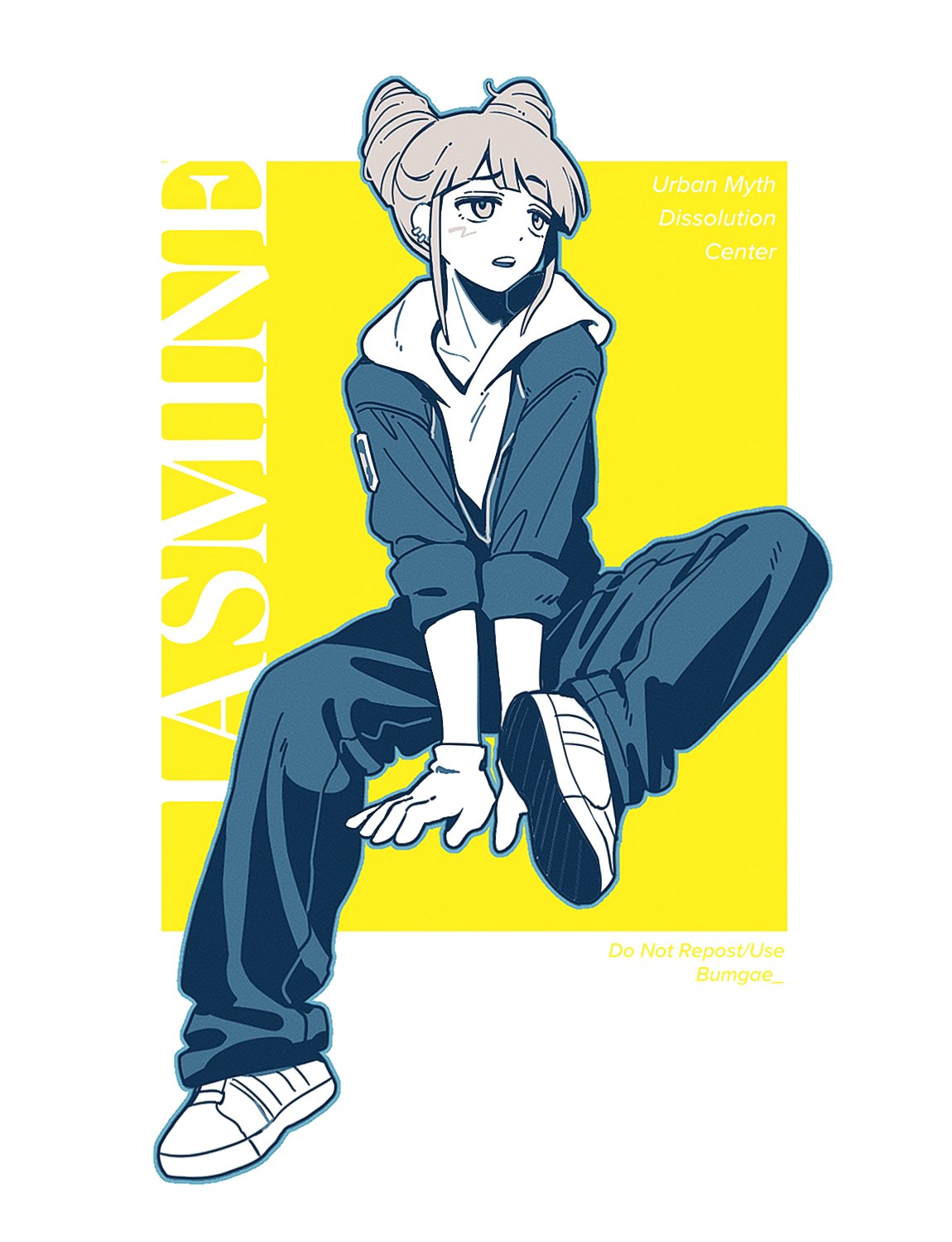 wo habum, jasmine (toshi densetsu kaitai center), toshi densetsu kaitai center, commentary request, highres, korean commentary, 1girl, arm support, blue jumpsuit, character name, cone hair bun, copyright name, double bun, full body, gloves, hair bun, hood, hood down, hoodie, invisible chair, jumpsuit, limited palette, looking to the side, open mouth, shoe soles, shoes, short hair, sitting, sleeves rolled up, sneakers, solo, yellow background