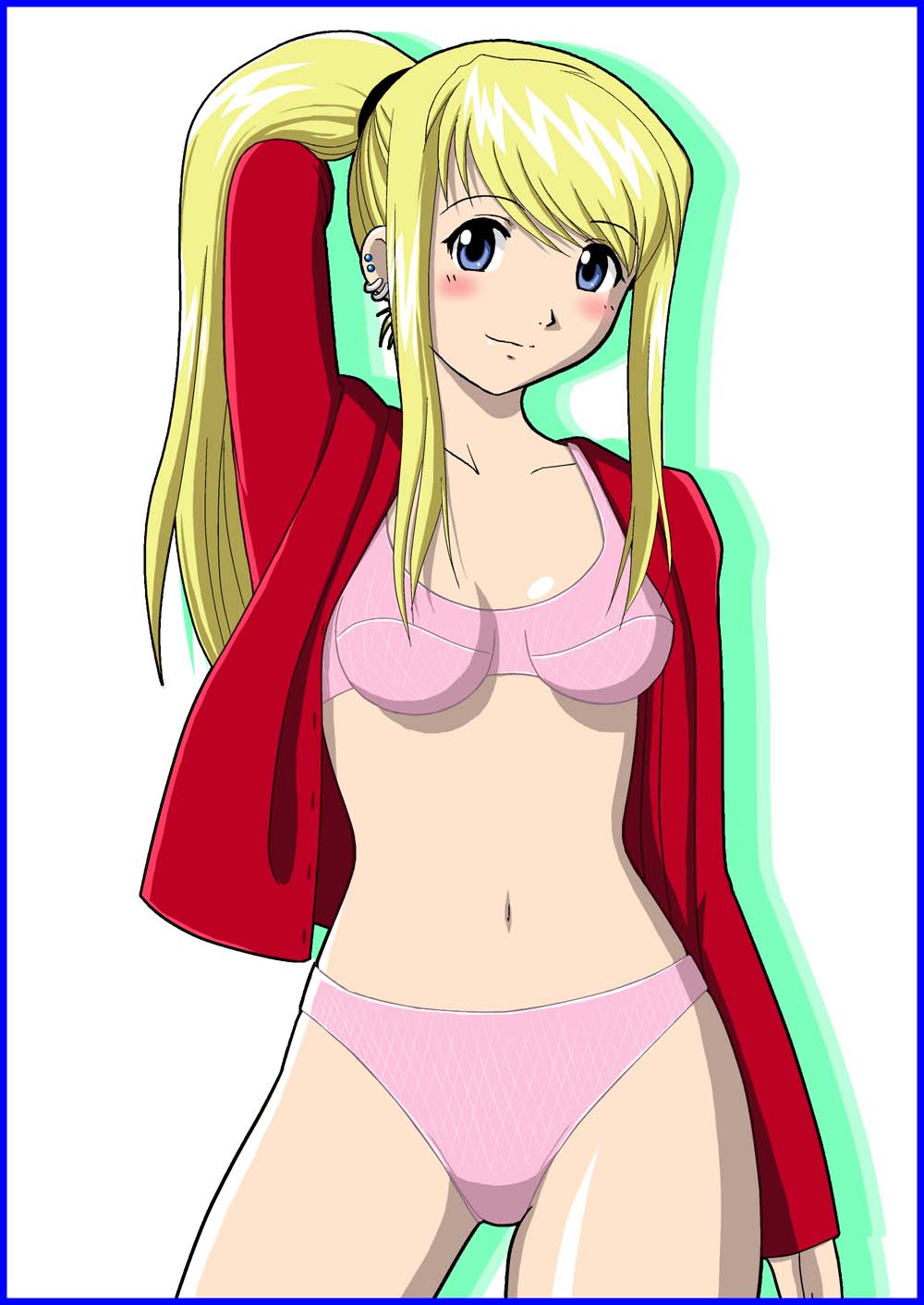 taiyo (tme), winry rockbell, fullmetal alchemist, highres, 00s, 1girl, blonde hair, blue eyes, blush, bra, earrings, female focus, jewelry, lingerie, open clothes, open shirt, panties, ponytail, shirt, smile, solo, underwear