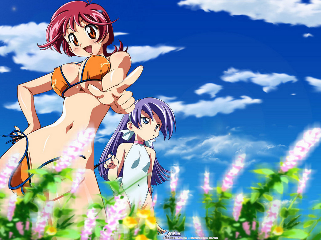 kimura takahiro, aoi anna, lou roux, shinkon gattai godannar!!, 00s, 2girls, assisted exposure, bikini, blue eyes, breasts, day, flower, large breasts, long hair, multiple girls, one-piece swimsuit, orange eyes, purple hair, red hair, ribbon, short hair, side-tie bikini bottom, swimsuit, underboob