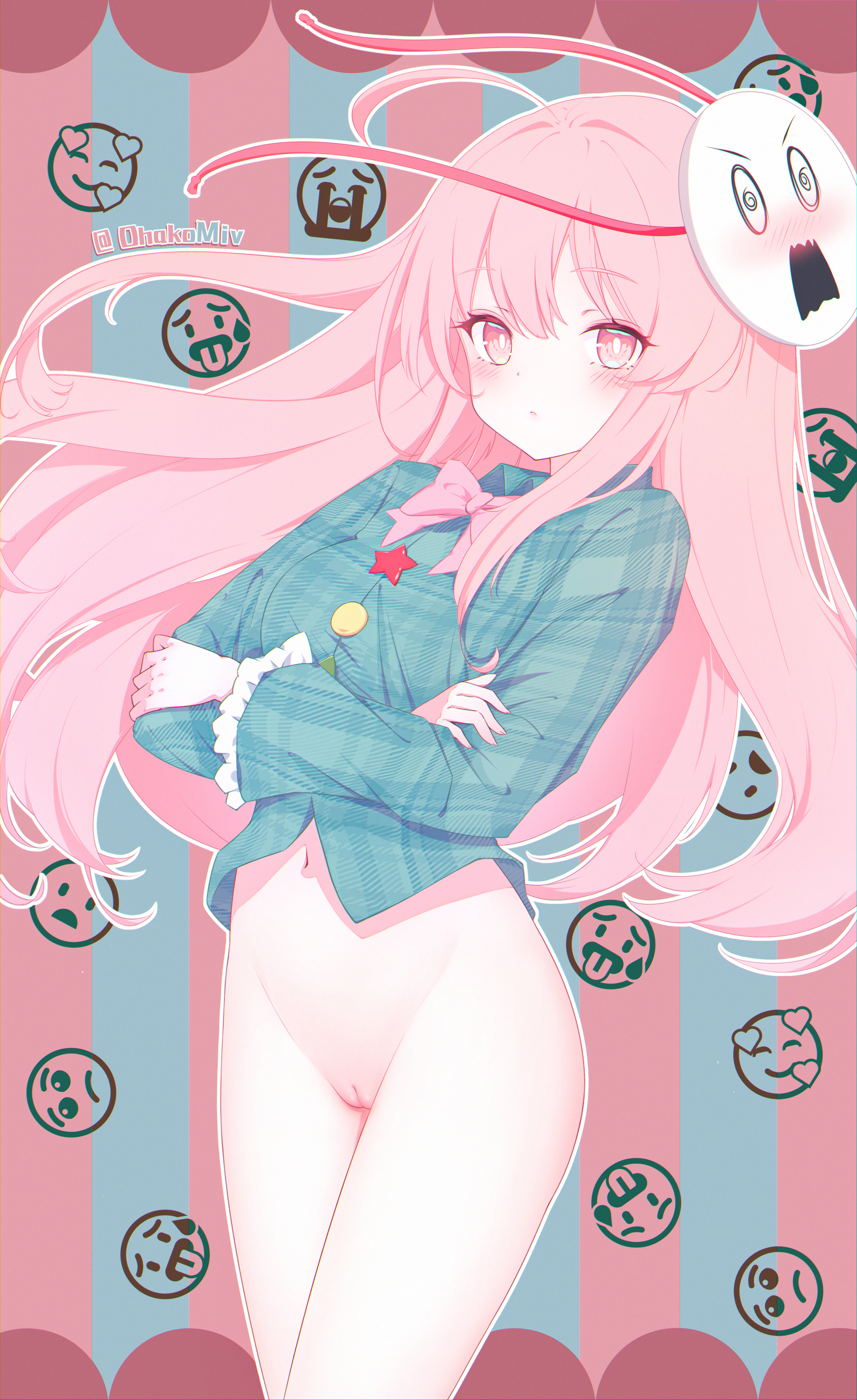 ohako miyu, hata no kokoro, hopeless masquerade, touhou, absurdres, highres, 1girl, blush, bottomless, bow, bowtie, cleft of venus, closed mouth, collared shirt, cowboy shot, crossed arms, emoji, frilled sleeves, frills, green shirt, long hair, long sleeves, looking at viewer, mask, mask on head, navel, pink bow, pink bowtie, pink eyes, pink hair, plaid clothes, plaid shirt, pussy, shirt, solo, thighhighs