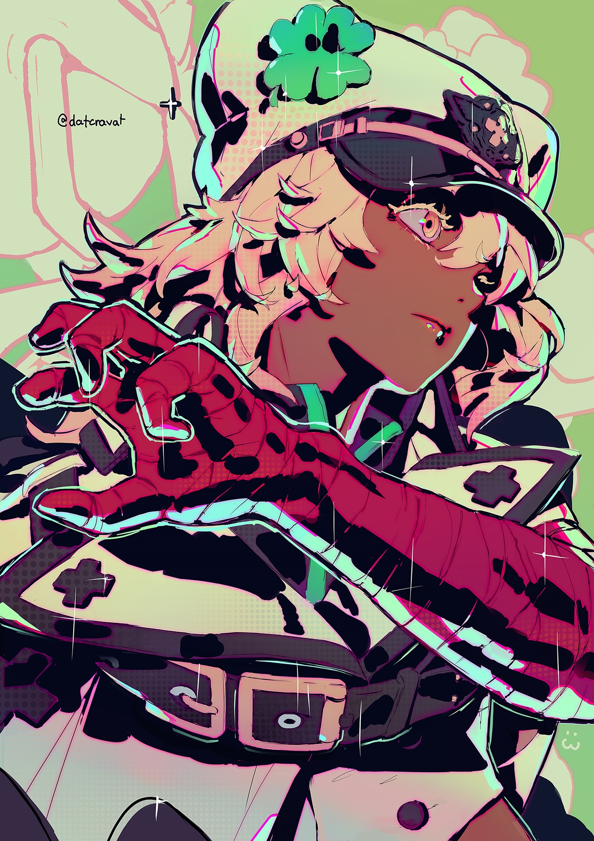 datcravat, ramlethal valentine, guilty gear, guilty gear strive, commentary, highres, symbol-only commentary, 1girl, bandaged arm, bandages, blonde hair, closed mouth, clover hat ornament, dark-skinned female, dark skin, eyelashes, green background, hair between eyes, hat, long hair, looking to the side, solo, twitter username, upper body, white hat
