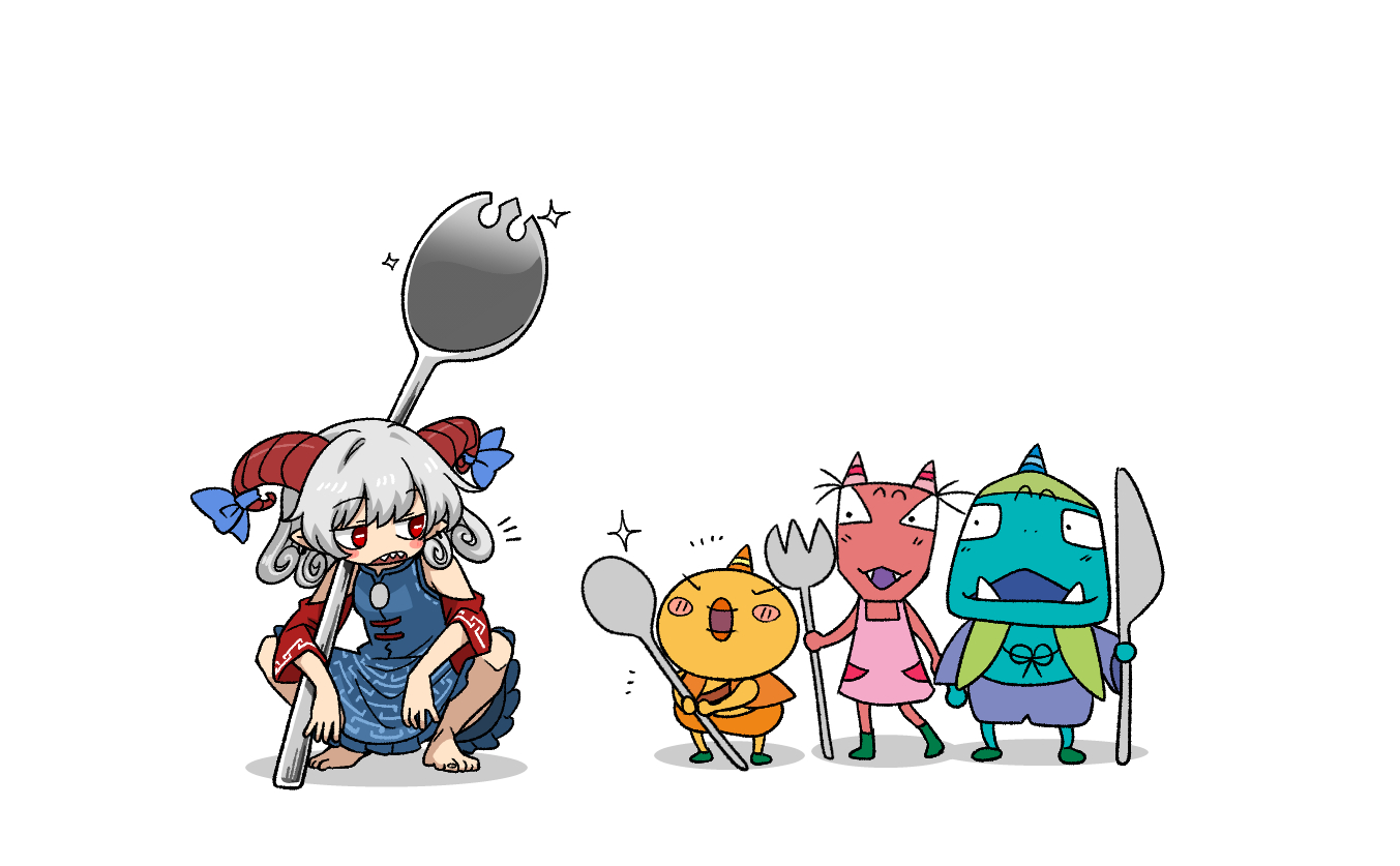 kumanou22, toutetsu yuuma, touhou, character request, commentary request, copyright request, 1girl, barefoot, blue dress, curly hair, detached sleeves, dress, grey hair, holding, holding spork, horizontal pupils, horn ornament, horn ribbon, horns, knife, meandros, medium hair, open mouth, oversized object, patterned clothing, pointy ears, red eyes, red horns, red sleeves, ribbon, sharp teeth, sheep horns, simple background, spoon, spork, squatting, teeth, toes, utensil, white background