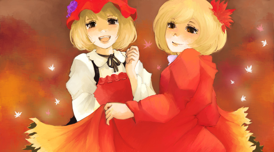 aki minoriko, aki shizuha, touhou, 2girls, female focus, hair ornament, hat, leaf hair ornament, mob cap, multiple girls, siblings, sisters