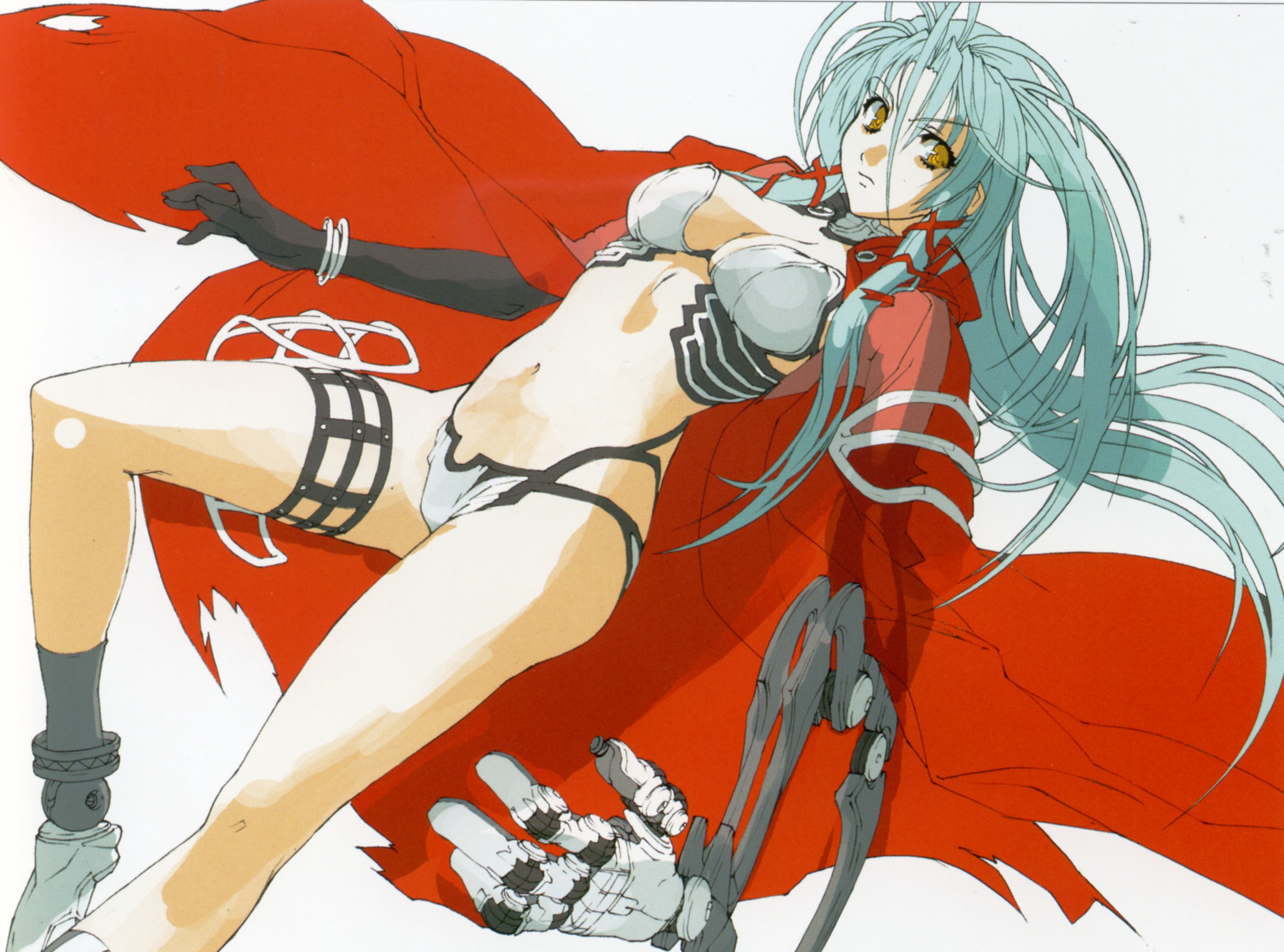 nishii (damnedrive), hanawa momiji, jingai makyou, absurdres, highres, non-web source, 1girl, antenna hair, aqua hair, blue hair, boots, bracelet, breasts, cape, cleavage, dutch angle, elbow gloves, female focus, gloves, jewelry, large breasts, long hair, mechanical arms, midriff, navel, panties, simple background, single mechanical arm, solo, thigh strap, torn clothes, underwear, very long hair, white panties, yellow eyes