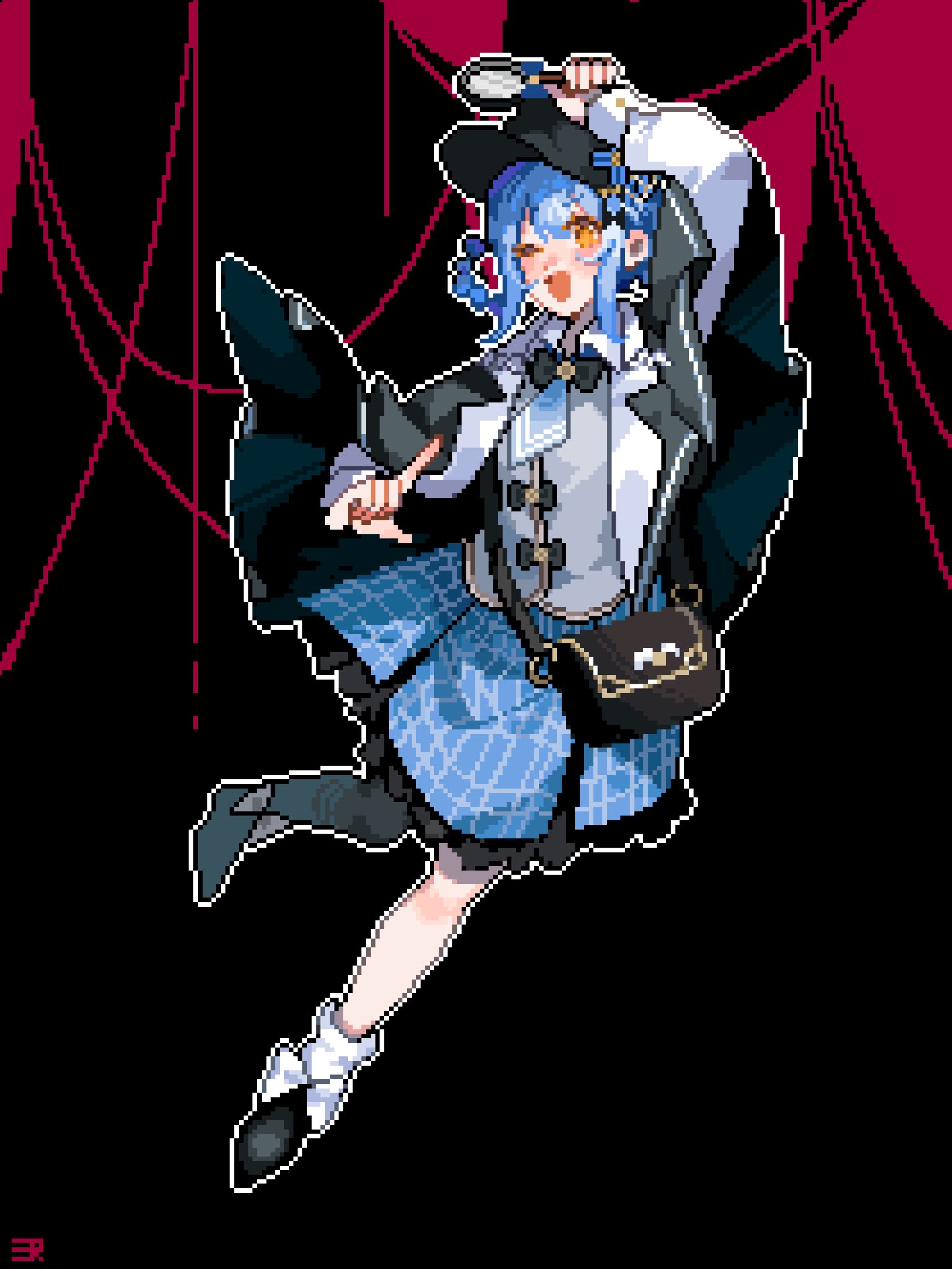 ajinasi nori, tachibana sherry, mahou shoujo no majo saiban, commentary request, highres, 1girl, ;d, arm up, black background, black bag, black boots, black bow, black hat, blue hair, blue skirt, boots, bow, braid, braided hair rings, detective, full body, hair rings, hat, holding, holding magnifying glass, index finger raised, long sleeves, looking at viewer, magical girl, magnifying glass, one eye closed, open mouth, outline, pixel art, plaid clothes, plaid skirt, short hair, skirt, smile, solo, white outline, yellow eyes