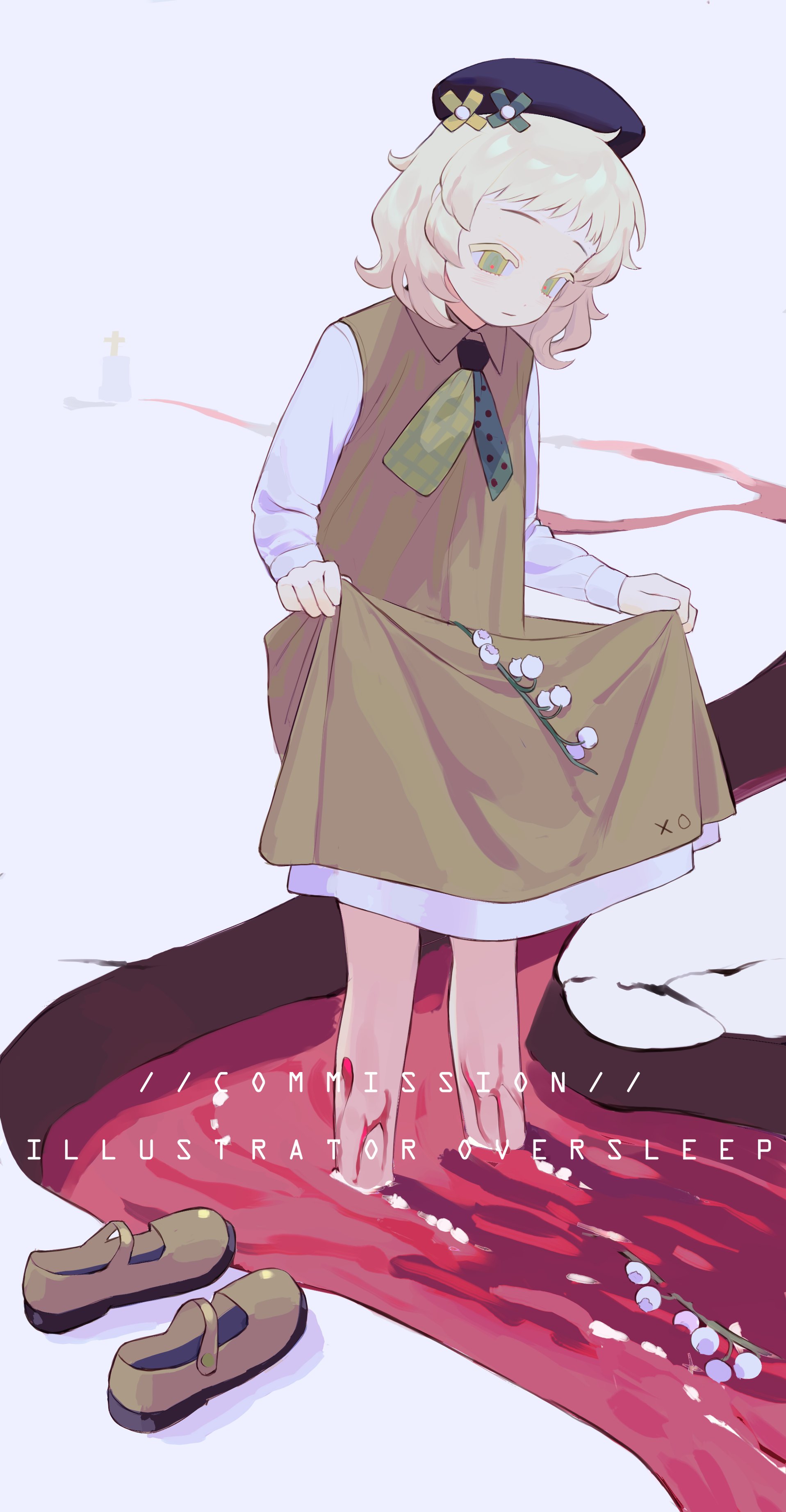 oversleep, original, absurdres, highres, 1girl, bare legs, beret, blonde hair, blood, blood on leg, bow, collared dress, collared vest, dress, english text, flower, full body, hat, long sleeves, looking down, mary janes, necktie, river, shirt, shoes, simple background, skirt hold, solo, standing, unworn shoes, vest, white flower