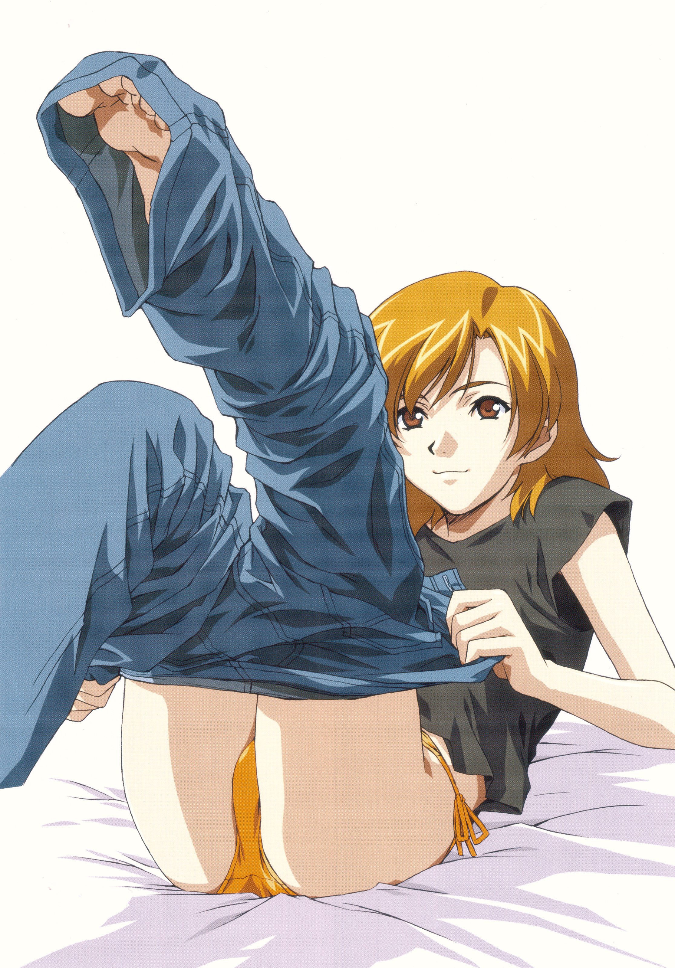 horibe hiderou, absurdres, highres, jpeg artifacts, 1girl, arm support, barefoot, brown eyes, brown hair, clothes pull, denim, dressing, feet, female focus, jeans, long hair, panties, pants, pants pull, pulling own clothes, shirt, side-tie panties, sitting, sleeveless, solo, underwear, yellow panties