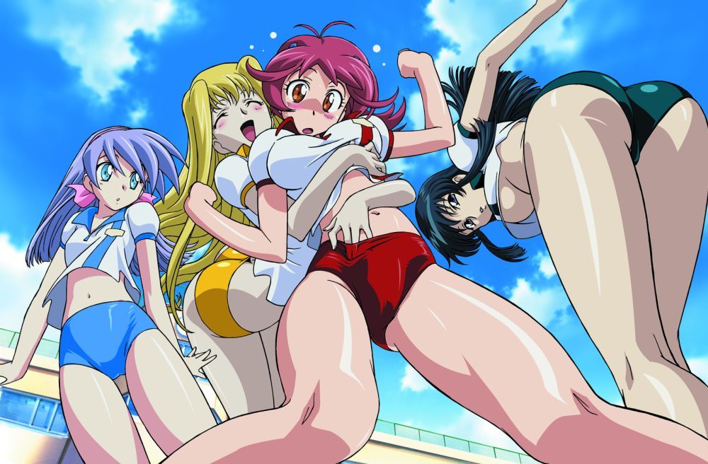kimura takahiro, aoi anna, fujimura shizuru, lou roux, mira ackerman, shinkon gattai godannar!!, light purple hair, official art, official wallpaper, 00s, 4girls, :d, :o, antenna hair, arched back, arm up, ass, bare legs, bent over, black hair, blonde hair, blouse, blue eyes, blue hair, blue shorts, blue sky, blush, breasts, building, buruma, butt crack, closed eyes, cloud, collarbone, expressionless, female focus, from behind, from below, green buruma, grey eyes, hair between eyes, hair ornament, hair ribbon, hairband, hand under clothes, hand under shorts, hanging breasts, happy, hip focus, hug, hug from behind, kneepits, knees, leaning forward, legs, long hair, looking at viewer, looking back, looking down, midriff, multiple girls, navel, no bra, open hand, open mouth, orange eyes, outdoors, outstretched arm, outstretched arms, parted lips, print shirt, red hair, red shorts, ribbon, shiny skin, shirt, short hair, short sleeves, shorts, sidelocks, sky, small breasts, smile, standing, surprised, thigh gap, thighs, trefoil, underboob, white shirt, yellow buruma, yellow shorts
