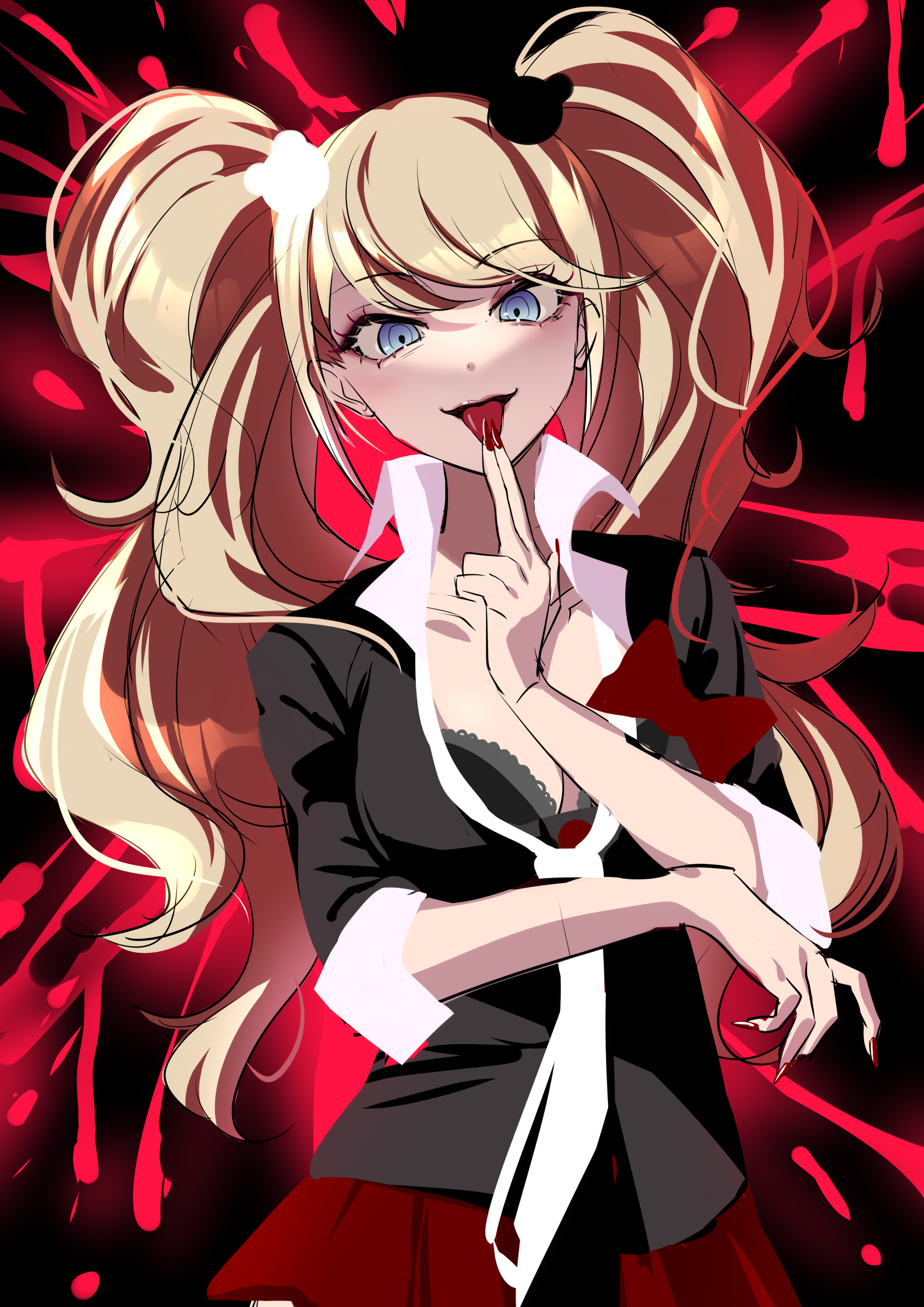 saotome (neptune 0416), enoshima junko, danganronpa: trigger happy havoc, danganronpa (series), absurdres, highres, 1girl, black bra, black shirt, blonde hair, blood, blood splatter, blue eyes, bra, breasts, fingernails, hair ornament, long hair, looking at viewer, open mouth, red nails, red skirt, sharp fingernails, shirt, skirt, solo, tongue, tongue out, twintails, underwear, upper body, very long hair