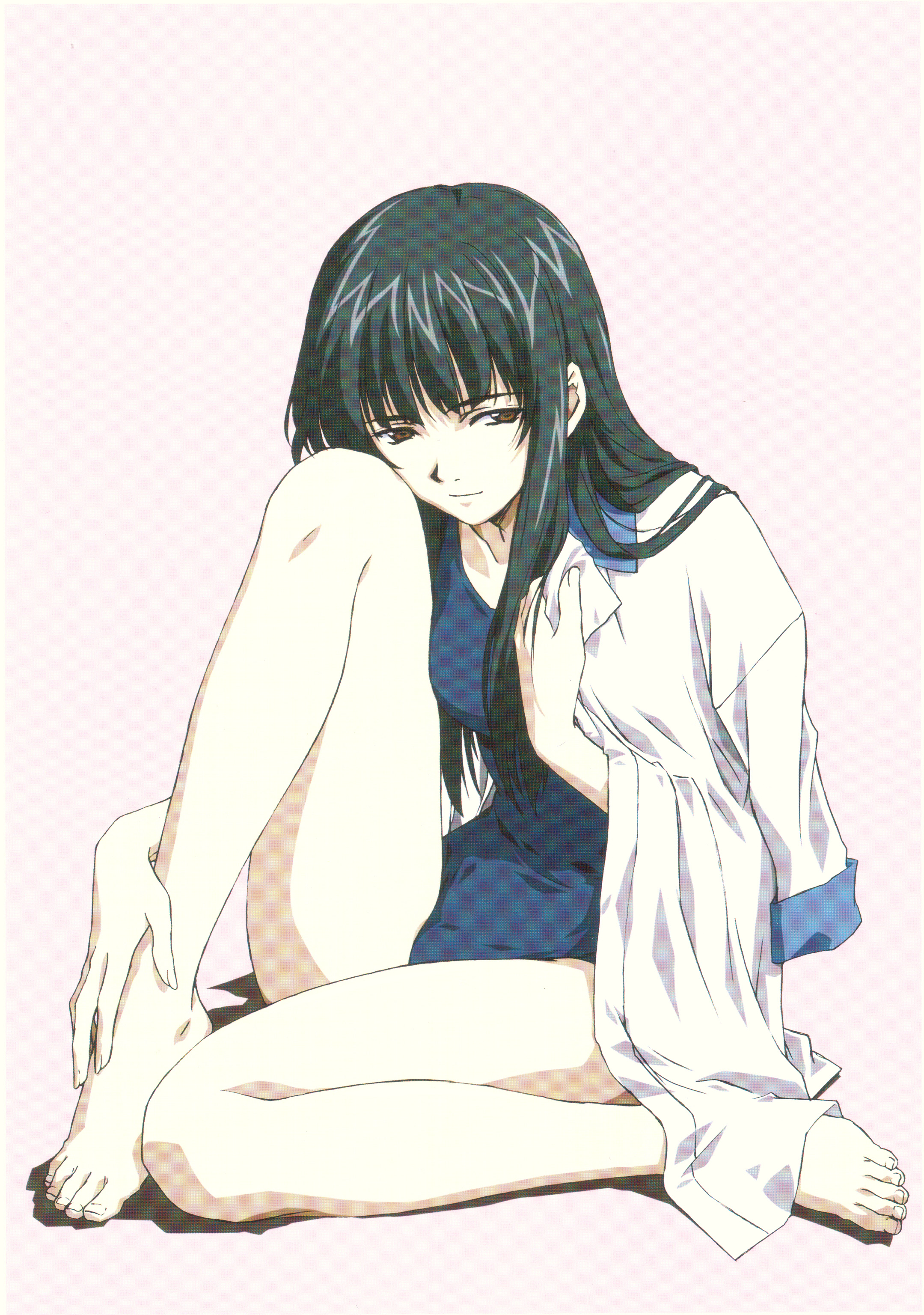 horibe hiderou, watsuji aya, interlude, absurdres, highres, 00s, 1girl, barefoot, black hair, blouse, blue one-piece swimsuit, collared shirt, feet, female focus, full body, head rest, holding shirt, holding unworn clothes, long hair, long legs, one-piece swimsuit, pale skin, pink background, shirt, simple background, sitting, solo, swimsuit, unworn shirt, white shirt