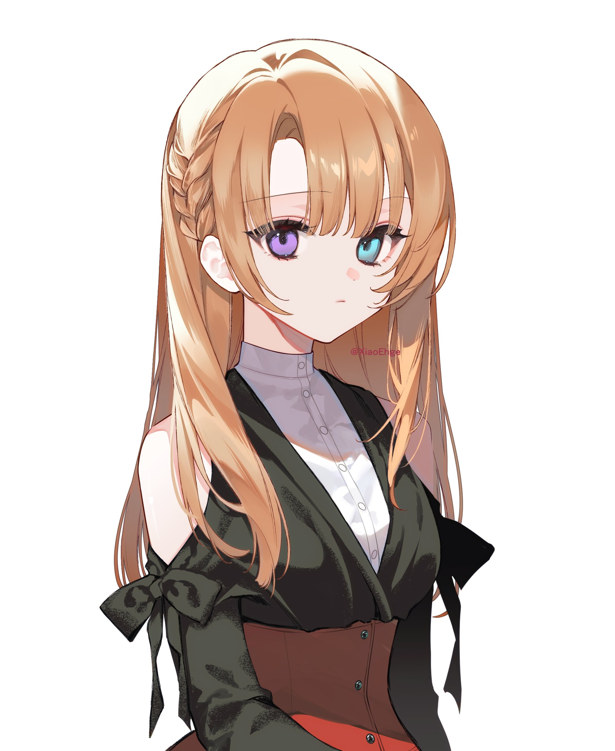 shiozaki shino, original, absurdres, highres, 1girl, aqua eyes, black dress, braid, clothing cutout, corset, dress, expressionless, heterochromia, long hair, looking at viewer, orange hair, purple eyes, red corset, shirt, shoulder cutout, simple background, solo, upper body, white background, white shirt