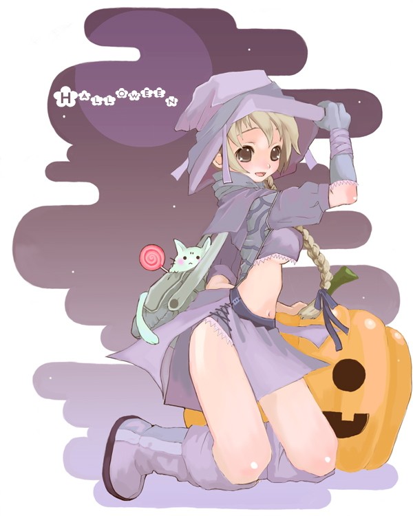 saibashi, original, 1girl, braid, breasts, candy, cat, egasumi, female focus, food, gloves, halloween, hat, jack-o'-lantern, kneeling, lollipop, medium breasts, midriff, pumpkin, ribbon, solo, swirl lollipop, underboob