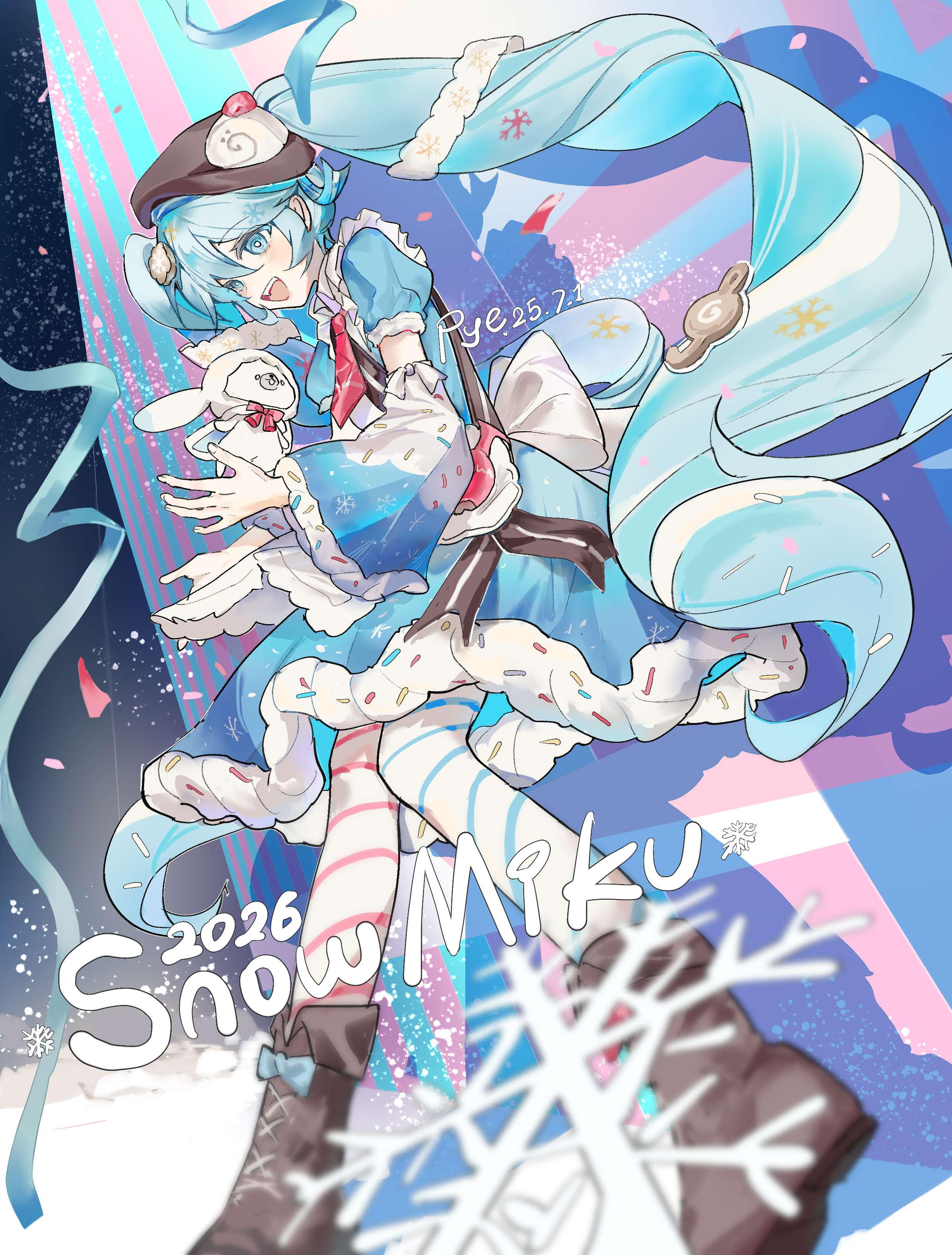 pye yyy, hatsune miku, rabbit yukine, yuki miku, yuki miku (2026), vocaloid, absurdres, chinese commentary, commentary request, highres, 1girl, :d, ||/, animal, ankle boots, apron, artist name, back bow, black bow, black sky, blue bow, blue dress, blue eyes, blue hair, blue sleeves, blue thighhighs, blurry, blurry foreground, boots, bow, bowtie, bright pupils, brown boots, brown hat, character name, collared dress, confetti, dated, detached sleeves, double-parted bangs, dress, dress bow, drop shadow, fangs, fingernails, food-themed clothes, food-themed hat ornament, footwear bow, frilled apron, frills, from below, full body, fur-trimmed dress, fur-trimmed sleeves, fur trim, hair between eyes, hair ornament, hat, hat ornament, horizontal-striped thighhighs, knees together feet apart, lace-up boots, long hair, long sleeves, looking at animal, medium dress, mismatched thighhighs, necktie, night, open mouth, outdoors, pale skin, pink thighhighs, puffy short sleeves, puffy sleeves, rabbit, red bow, red bowtie, red necktie, short sleeves, sky, sleeve bow, smile, snow, snowflake print, snowflakes, snowing, solo, sprinkles, standing, teeth, thighhighs, tongue, twintails, two-tone sleeves, two-tone thighhighs, upper teeth only, very long hair, walking, wavy hair, white apron, white bow, white pupils, white rabbit (animal), white sleeves, white thighhighs, wide sleeves