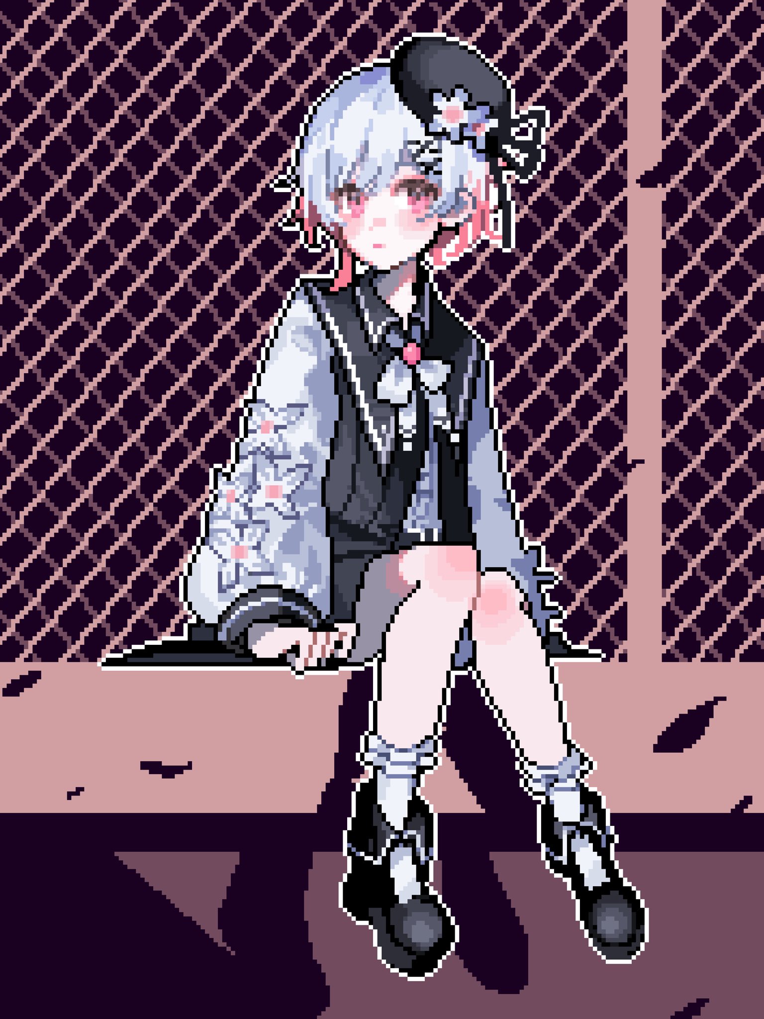 ajinasi nori, sakuraba ema, mahou shoujo no majo saiban, commentary request, highres, 1girl, beret, black hat, black shoes, chain-link fence, closed mouth, feathers, fence, flower, full body, gradient hair, hair flower, hair ornament, hat, hat flower, long sleeves, looking at viewer, magical girl, multicolored hair, on roof, outline, pink eyes, pink hair, pixel art, puffy long sleeves, puffy sleeves, shoes, short hair, sitting, socks, solo, white flower, white hair, white outline, white socks, x hair ornament