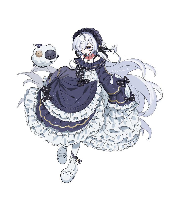 natsume anan, mahou shoujo no majo saiban, commentary request, 1girl, blue dress, blue hairband, bow, closed mouth, crescent, crescent necklace, dress, frilled dress, frills, full body, gothic lolita, hair over one eye, hairband, jewelry, lolita fashion, lolita hairband, long hair, long sleeves, magical girl, necklace, pantyhose, polka dot, polka dot bow, purple eyes, simple background, skirt hold, sleeves past fingers, sleeves past wrists, slippers, solo, stuffed animal, stuffed sheep, stuffed toy, sunaonasu, very long hair, white background, white hair, white pantyhose, white slippers