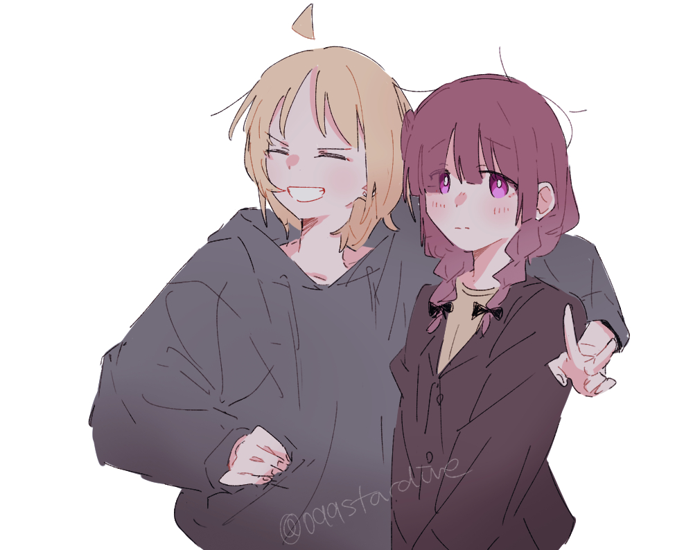 raven (099stardive), hiroi kikuri, ijichi seika, bocchi the rock!, 2girls, ahoge, arm around shoulder, black bow, bow, braid, closed eyes, closed mouth, detached ahoge, grey hoodie, hair bow, hood, hood down, hoodie, long sleeves, multiple girls, pink eyes, purple hair, short hair, smile, twin braids, twitter username, white background