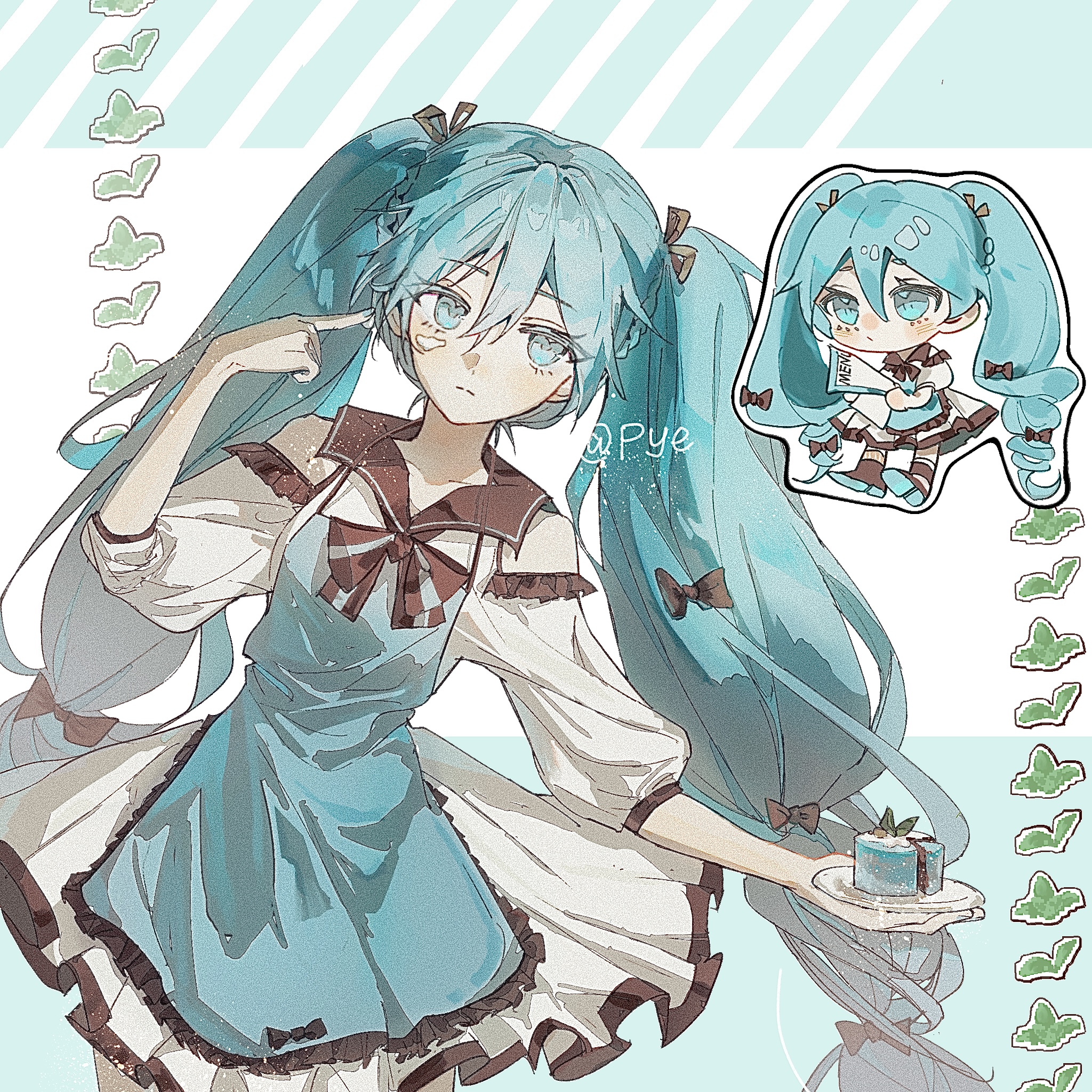 pye yyy, hatsune miku, vocaloid, commentary, highres, symbol-only commentary, 1girl, apron, aqua apron, aqua bow, aqua bowtie, aqua eyes, aqua hair, aqua nails, artist name, bare shoulders, black bow, black bowtie, black ribbon, black sailor collar, black trim, bow, bowtie, braid, cake, chibi, chibi inset, closed mouth, clothing cutout, cowboy shot, double-parted bangs, dress, expressionless, eyes visible through hair, film grain, food, frilled apron, frilled dress, frills, frown, hair between eyes, hair ribbon, hand up, holding, holding plate, index finger raised, leaf, leaning to the side, letterboxed, long hair, long sleeves, looking at viewer, nail polish, outline, outside border, plate, pointing, pointing at self, puffy long sleeves, puffy sleeves, ribbon, sailor collar, short dress, shoulder cutout, simple background, solo, standing, straight-on, striped bow, striped bowtie, striped clothes, twin braids, two-tone bow, two-tone bowtie, very long hair, white background, white dress, white outline