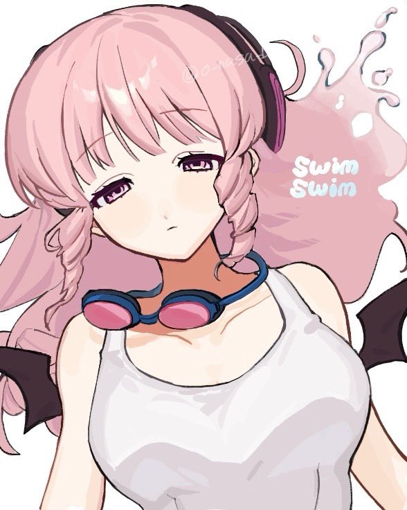 swim swim, mahou shoujo ikusei keikaku, mahou shoujo ikusei keikaku unmarked, commentary request, 1girl, bare shoulders, breasts, character name, closed mouth, demon wings, drill hair, goggles, goggles around neck, half-closed eyes, large breasts, liquid hair, long hair, looking at viewer, lying, magical girl, on back, one-piece swimsuit, pink eyes, pink hair, school swimsuit, simple background, sleepy, solo, sunaonasu, swimsuit, upper body, white background, white one-piece swimsuit, wings