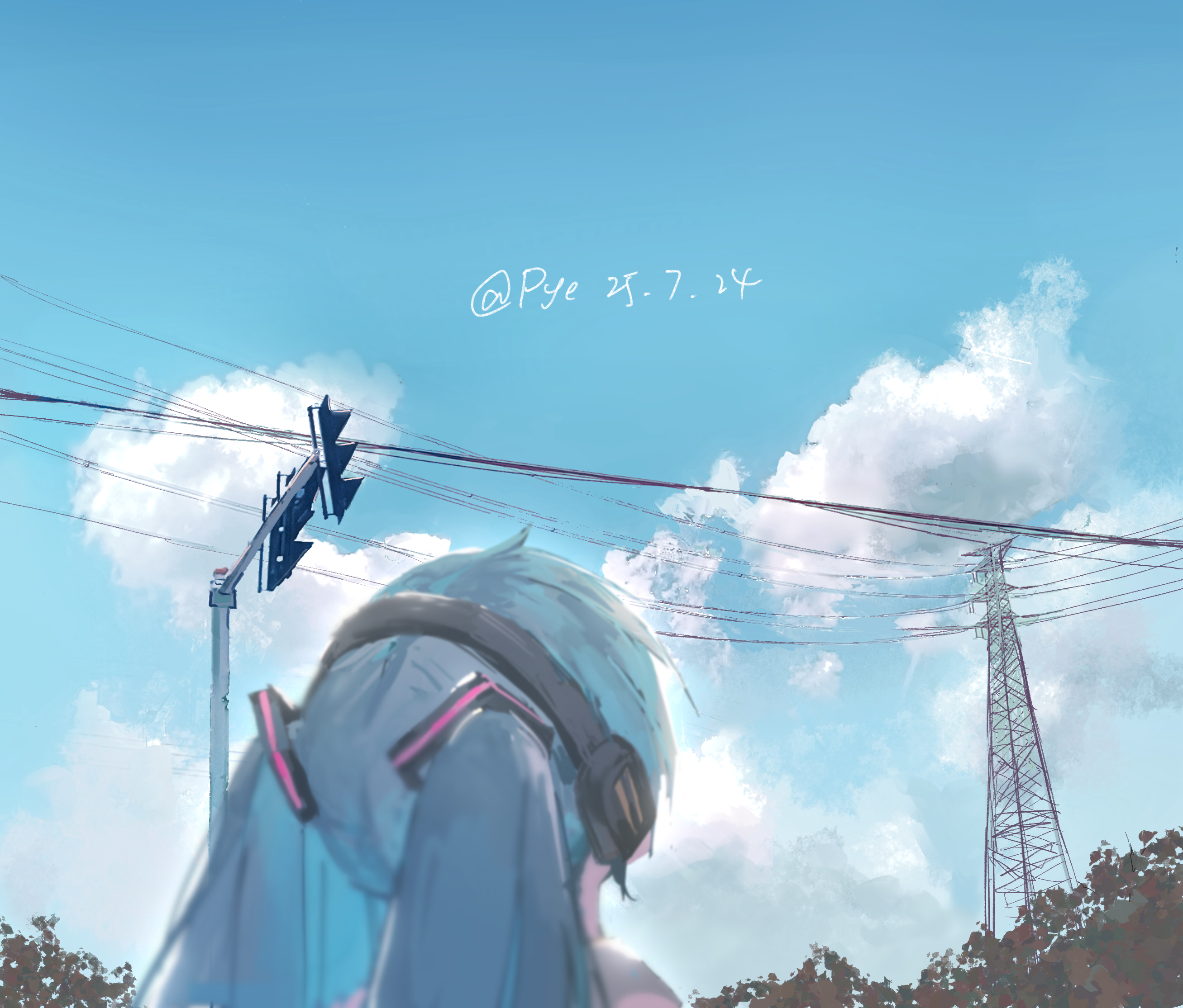 pye yyy, hatsune miku, vocaloid, chinese commentary, commentary request, highres, 1girl, 2025, artist name, blue hair, blue sky, blurry, blurry foreground, cloud, cumulonimbus cloud, dated, day, from behind, from below, hair ornament, headphones, long hair, looking up, portrait, power lines, sky, solo, traffic light, tree, twintails, utility pole
