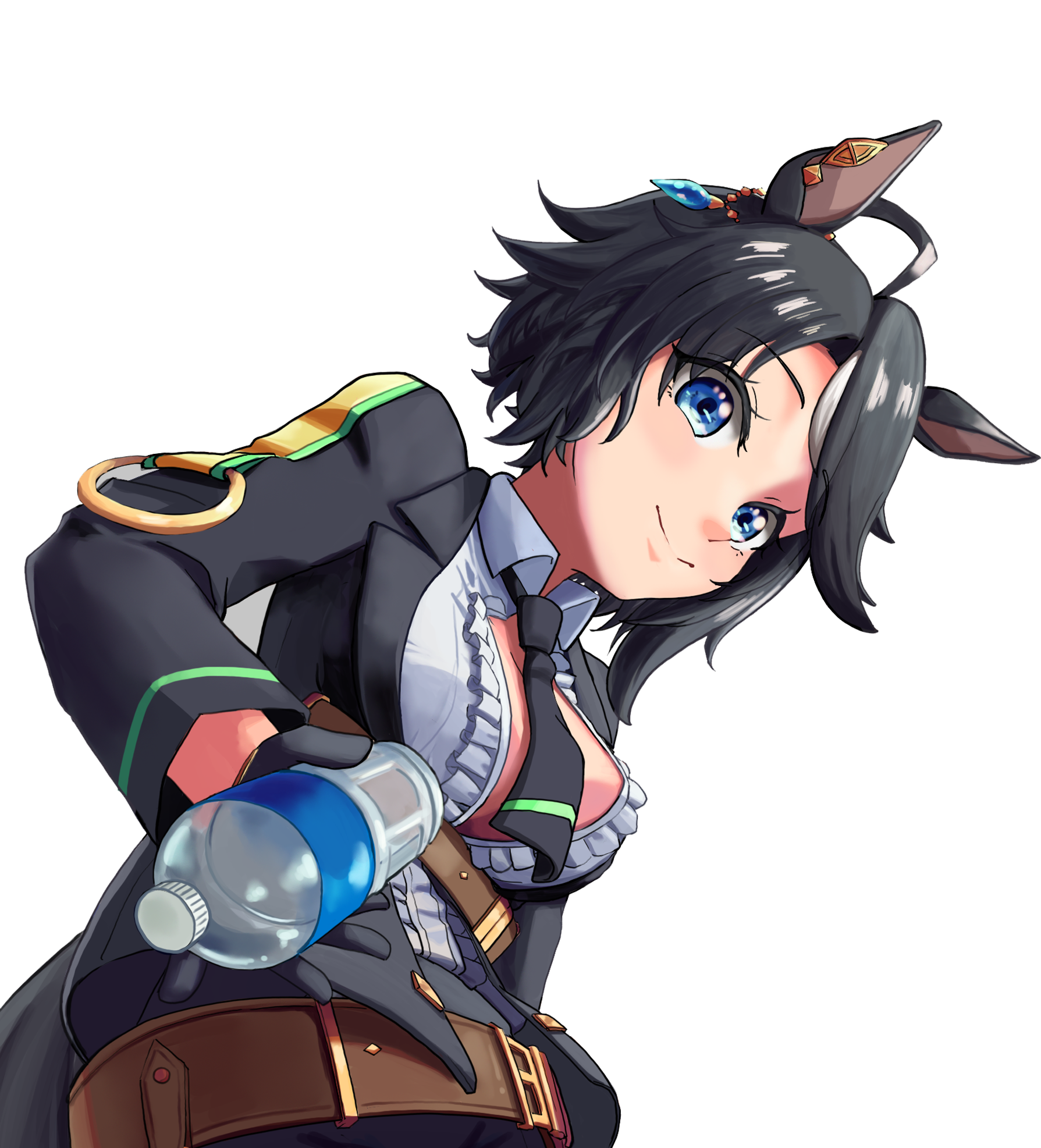 hiji94, fuji kiseki (umamusume), umamusume, commentary request, highres, partial commentary, 1girl, ahoge, animal ears, belt, black hair, black jacket, black necktie, black pants, blue eyes, bottle, breasts, brown belt, center frills, cleavage, closed mouth, collared shirt, cowboy shot, ear ornament, ear piercing, frilled shirt, frills, gloves, holding, holding bottle, horse ears, horse girl, horse tail, jacket, long sleeves, looking at viewer, medium breasts, multicolored hair, necktie, open clothes, open jacket, pants, partially unbuttoned, piercing, shirt, short hair, short necktie, sidelocks, smile, solo, split mouth, standing, swept bangs, tail, transparent background, underbust, water bottle, white hair