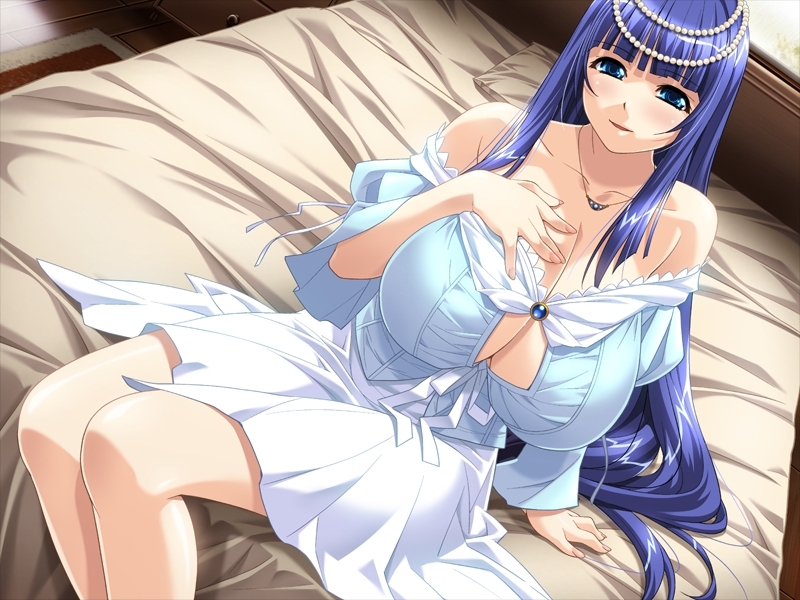bed, breasts, cleavage, large breasts, long hair