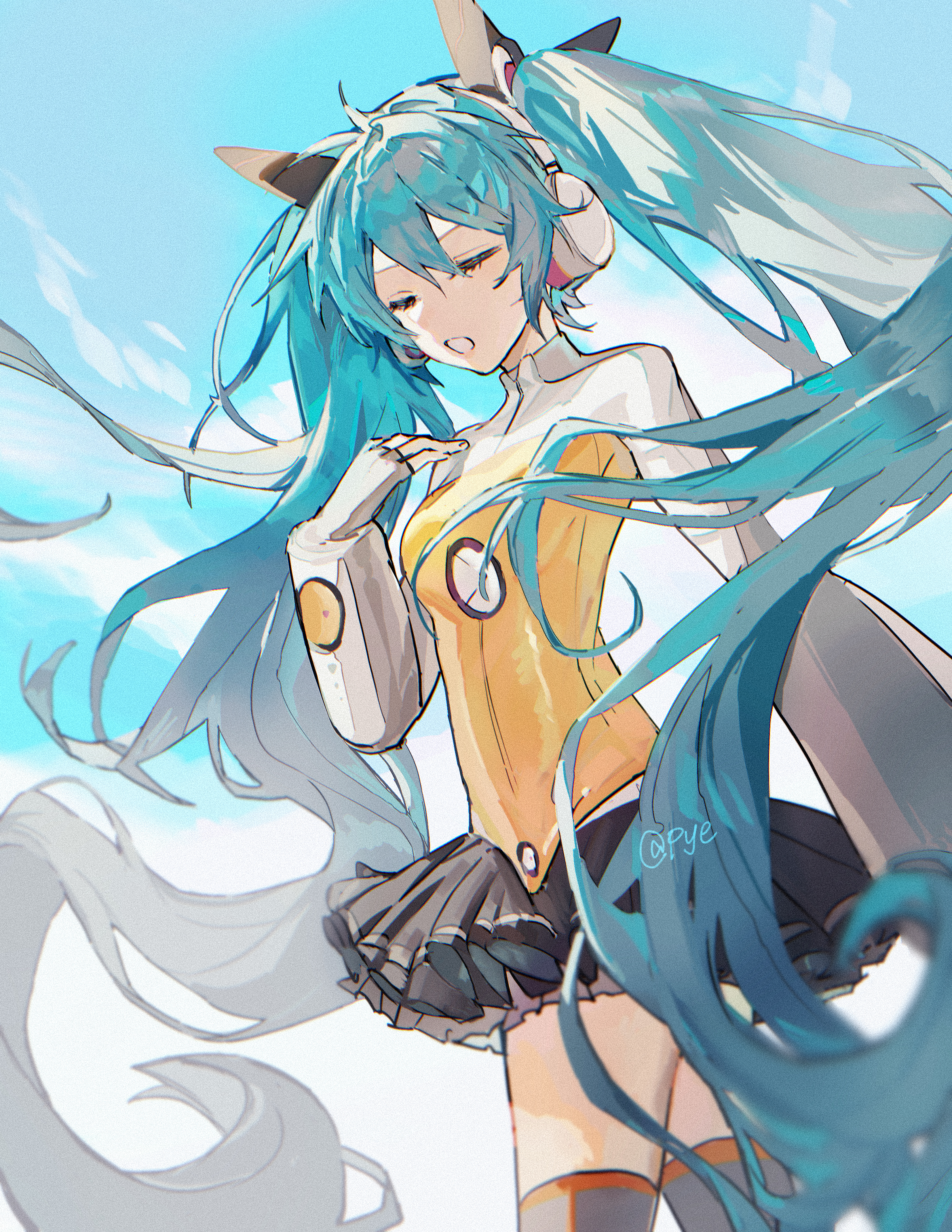 pye yyy, hatsune miku, odds & ends (vocaloid), vocaloid, absurdres, commentary, english commentary, highres, 1girl, aqua hair, arm at side, artist name, backlighting, black skirt, blue sky, breasts, chromatic aberration, clenched teeth, closed eyes, cloud, cowboy shot, day, double-parted bangs, film grain, fingerless gloves, frilled skirt, frills, from below, gloves, grey gloves, grey thighhighs, hair between eyes, hair ornament, hand on own shoulder, hand up, headphones, jacket, long hair, long sleeves, miniskirt, multicolored jacket, orange jacket, orange trim, outdoors, simple background, skirt, sky, small breasts, solo, standing, teeth, thighhighs, turtleneck, turtleneck jacket, twintails, two-tone jacket, u u, very long hair, wavy hair, white jacket, zettai ryouiki