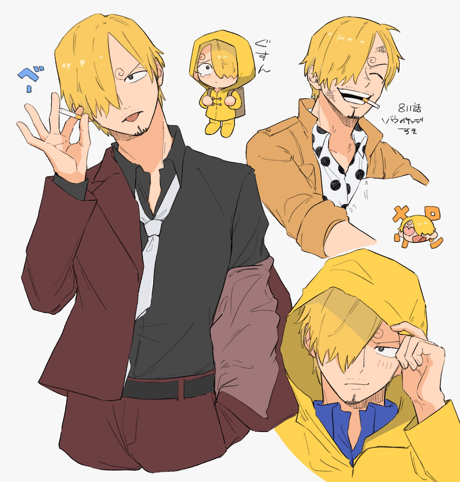 iqracha, sanji (one piece), one piece, commentary request, highres, 1boy, black shirt, blonde hair, blue shirt, brown jacket, cigarette, cropped torso, curly eyebrows, dirty, dirty face, facial hair, goatee, hair over one eye, heart, heart-shaped eyes, holding, holding cigarette, jacket, male focus, mouth hold, multiple views, mustache stubble, necktie, polka dot, polka dot shirt, raincoat, shirt, short hair, smoking, stubble, teeth hold, white background, white necktie, yellow raincoat
