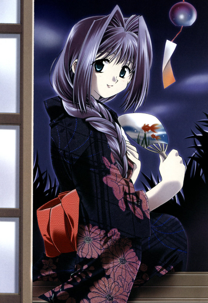minase akiko, kanon, 1girl, blue eyes, braid, female focus, hair intakes, hair over shoulder, hand fan, japanese clothes, kimono, long hair, night, paper fan, purple hair, single braid, solo, uchiwa, wind chime