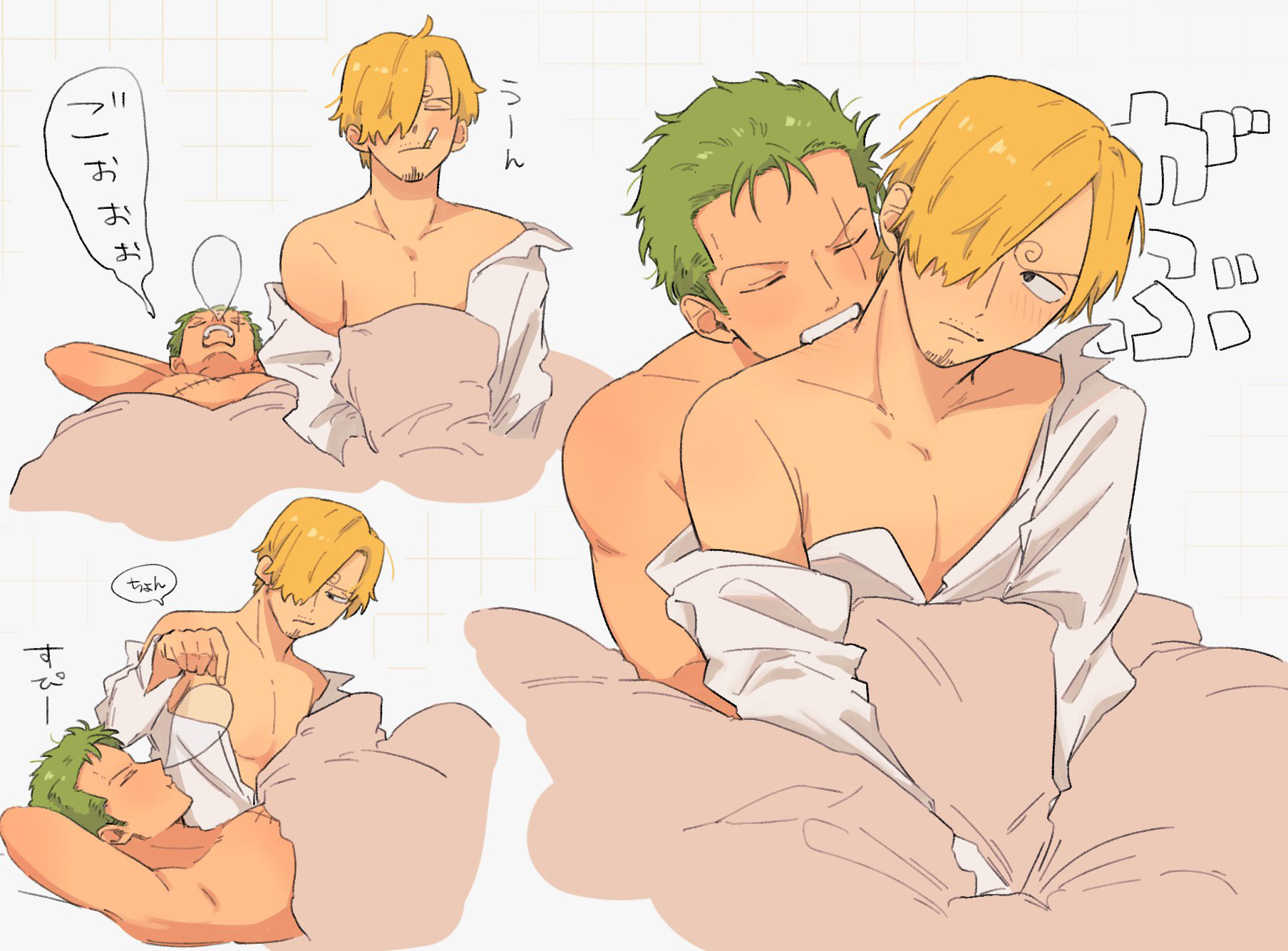 iqracha, roronoa zoro, sanji (one piece), one piece, commentary request, highres, 2boys, biting shoulder, blonde hair, cigarette, closed mouth, hair over one eye, hug, male focus, multiple boys, nose bubble, scar, scar across eye, scar on chest, scar on face, shirt, short hair, smoking, topless male, under covers, white shirt, yaoi