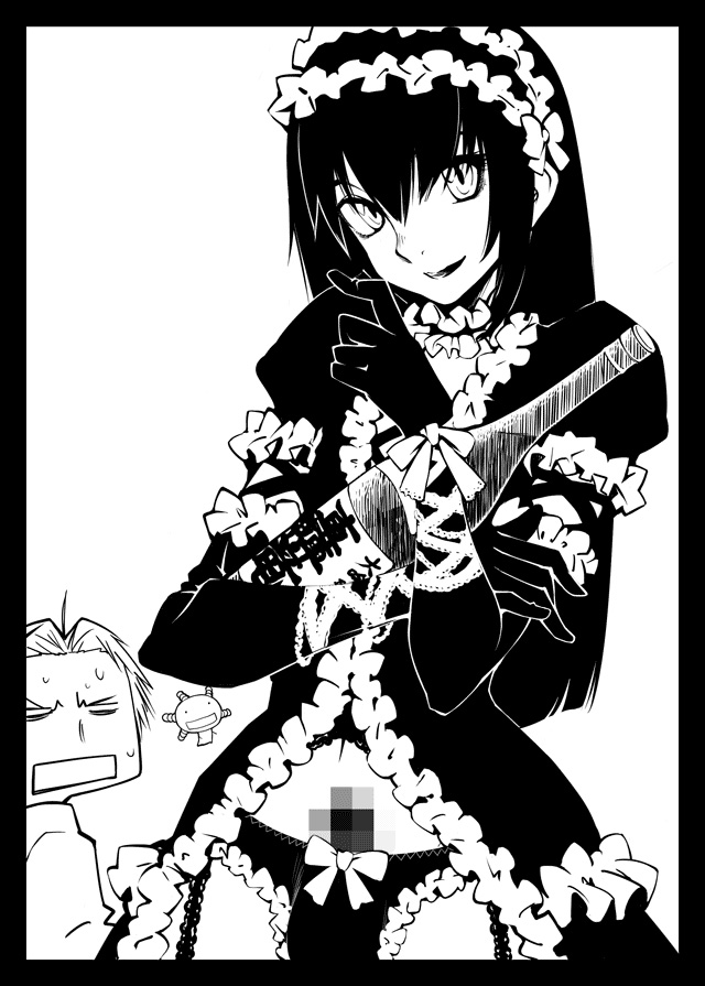 yurikawa, sawaki souemon tadayasu, yuuki kei, moyashimon, md5 mismatch, 2boys, androgynous, black panties, censored, crossdressing, crossdressing (mtf), gothic lolita, greyscale, lingerie, lolita fashion, maid, monochrome, mosaic censoring, multiple boys, panties, penis, shota, testicles, trap, underwear