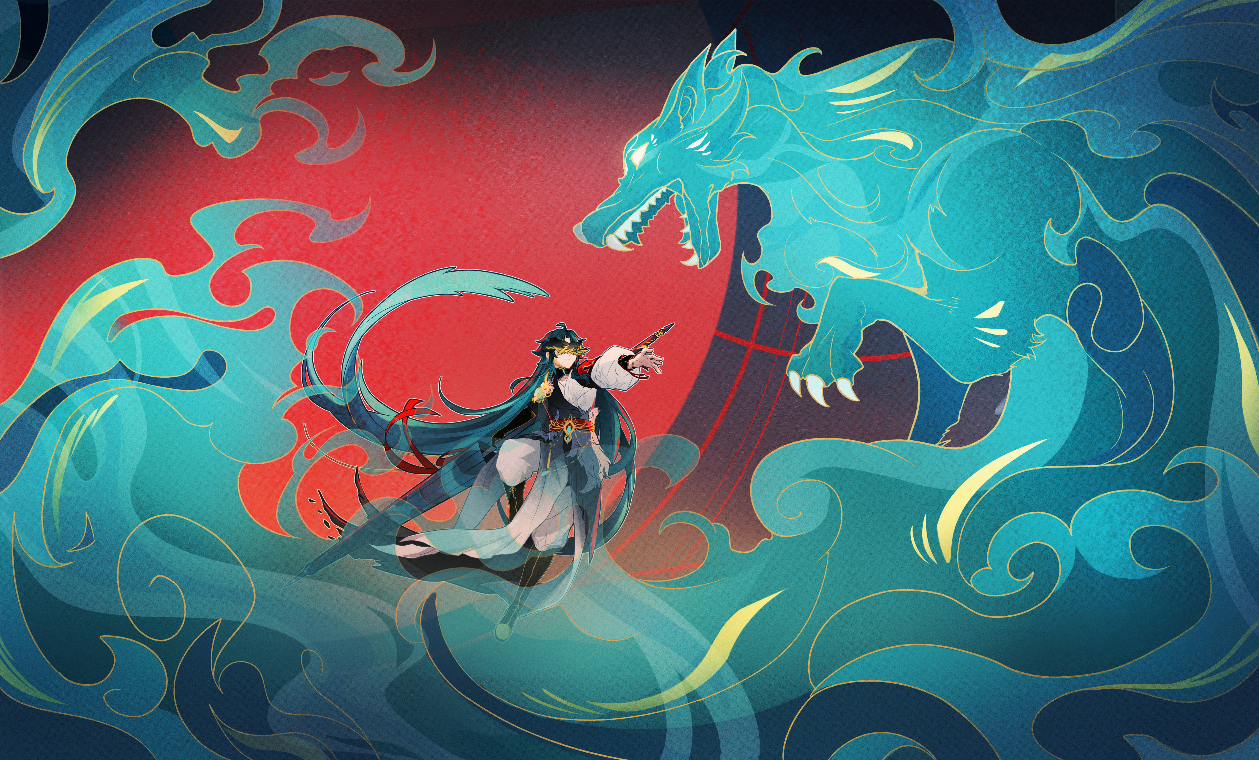 fishinthetea, xiao (genshin impact), genshin impact, absurdres, chinese commentary, highres, variant set, 1boy, alternate costume, alternate hair length, alternate hairstyle, aqua hair, aqua umbrella, armor, battle, black boots, black collar, black hair, black hands, black robe, black wings, boots, closed mouth, closed umbrella, collar, colored extremities, covered eyes, curtained hair, facial mark, facial tattoo, feathered wings, fighting stance, forehead mark, full body, full moon, head wings, holding, holding umbrella, knee up, long hair, long sleeves, male focus, monster, moon, multicolored robe, oil-paper umbrella, outstretched arms, pants, parted bangs, pelvic curtain, puffy long sleeves, puffy sleeves, red moon, red sash, robe, sash, shoulder armor, solo, tattoo, three-quarter sleeves, two-tone wings, umbrella, umbrella ribbon, very long hair, waist sash, white pants, white robe, wide sleeves, wings, yellow wings