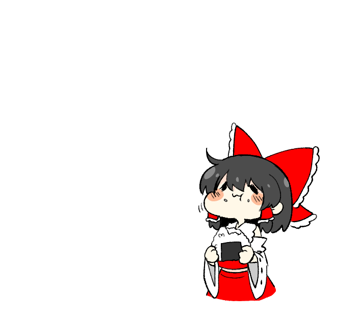 kumanou22, hakurei reimu, touhou, commentary request, 1girl, black hair, blush, bow, closed eyes, closed mouth, detached sleeves, eating, food, frilled bow, frilled hair tubes, frills, hair bow, hair tubes, holding, holding food, long hair, onigiri, red bow, red skirt, reimu day, ribbon-trimmed sleeves, ribbon trim, simple background, skirt, skirt set, solo, white background