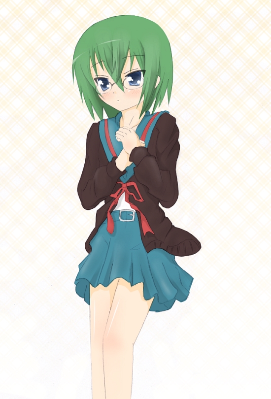 kuro inu, kuroinu (sonoba shinogi), chihara minori, iwasaki minami, nagato yuki, lucky star, suzumiya haruhi no yuuutsu, 1girl, cosplay, female focus, nagato yuki (cosplay), school uniform, serafuku, solo, voice actor connection