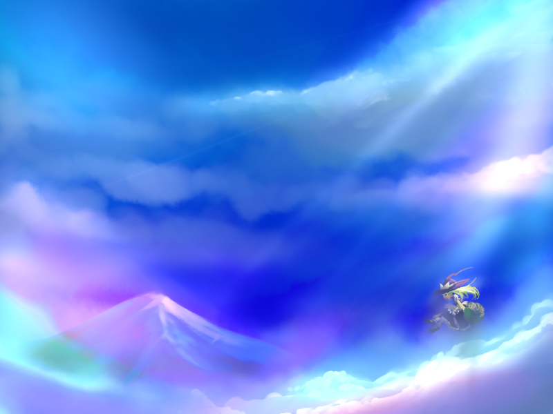 neki-t, kirisame marisa, touhou, 1girl, black hat, blonde hair, blue eyes, blue theme, blush, broom, broom riding, cloud, cloudy sky, day, female focus, from side, hat, light rays, mary janes, mountain, outdoors, profile, scenery, shoes, sky, snow, solo, sunlight, witch hat