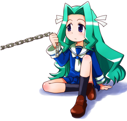 yn1982, kasugano nene, potemayo, lowres, 00s, 1girl, aqua hair, blue eyes, chain, female focus, long hair, school uniform, serafuku, sitting, solo