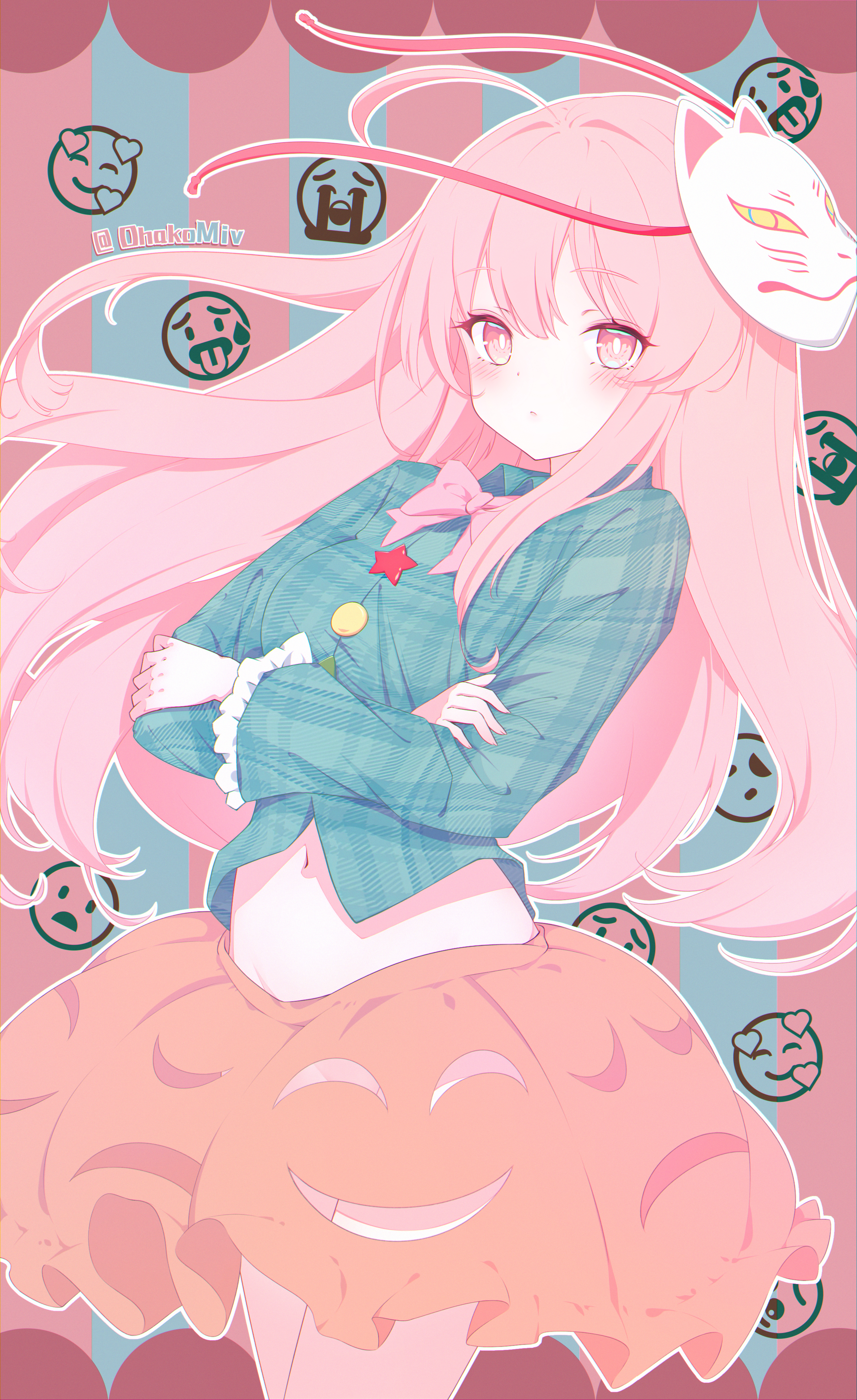 ohako miyu, hata no kokoro, hopeless masquerade, touhou, absurdres, highres, 1girl, blush, bow, bowtie, closed mouth, collared shirt, crossed arms, emoji, fox mask, frilled sleeves, frills, green shirt, long hair, long sleeves, looking at viewer, mask, mask on head, navel, orange skirt, pink bow, pink bowtie, pink eyes, pink hair, plaid clothes, plaid shirt, shirt, skirt, solo