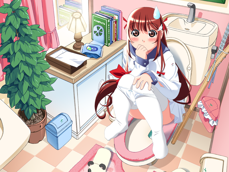 watanabe akio, konami (popotan), popotan, game cg, 00s, 1girl, animal slippers, bathroom, blush, book, bow, bow panties, brown eyes, brown hair, covering own mouth, feet, female focus, hair ribbon, hand on own knee, have to pee, indoors, lamp, long hair, looking at viewer, panda slippers, panties, panty pull, plant, potted plant, ribbon, school uniform, sink, slippers, socks, solo, squatting, sweatdrop, thighhighs, toes, toilet, toilet use, trash can, underwear, unworn slippers, white panties, white slippers, white thighhighs
