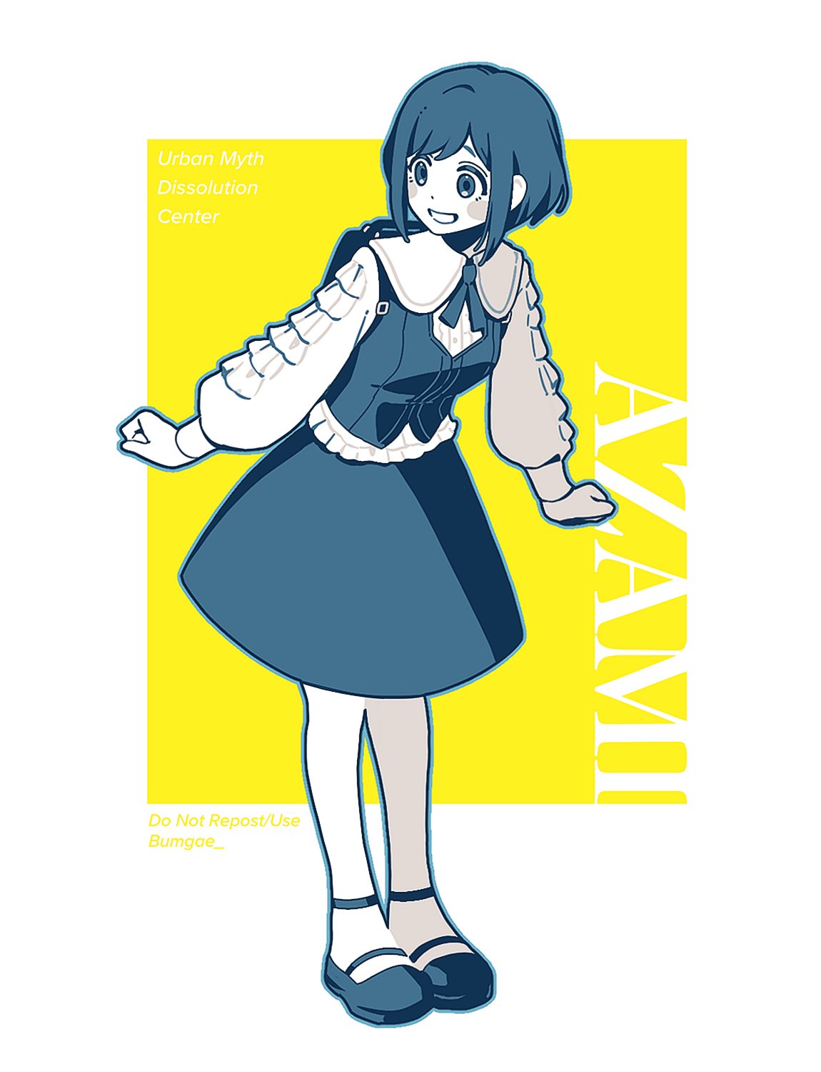 wo habum, fukurai azami, toshi densetsu kaitai center, hashtag-only commentary, highres, 1girl, backpack, bag, blue hair, blue skirt, character name, collared shirt, copyright name, frilled shirt, frills, full body, leaning forward, limited palette, long sleeves, looking to the side, puffy long sleeves, puffy sleeves, shirt, shoes, short hair, skirt, smile, solo, standing, white shirt