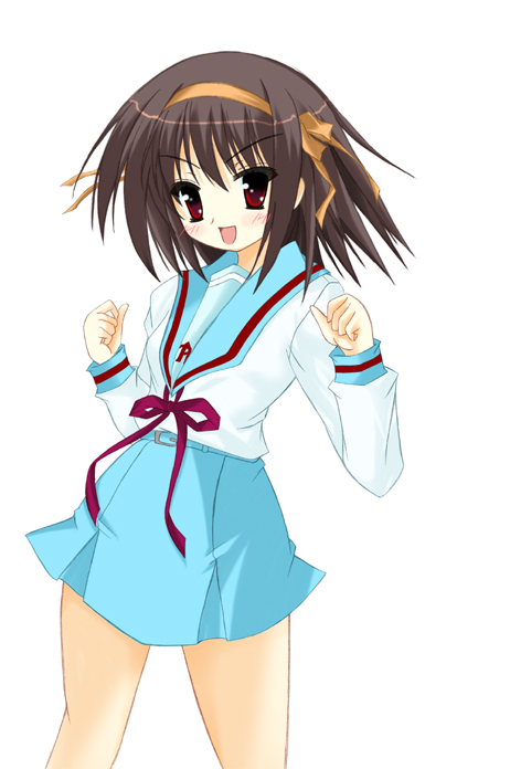 nagatsuki rio, suzumiya haruhi, suzumiya haruhi no yuuutsu, 00s, 1girl, :d, blush, brown hair, female focus, hairband, long hair, open mouth, red eyes, school uniform, serafuku, short hair, simple background, skirt, smile, solo, white background