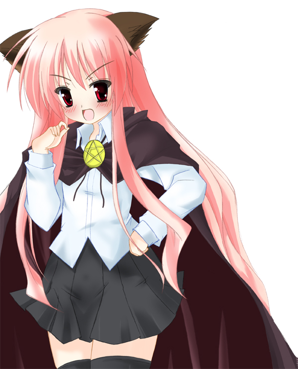 nagatsuki rio, louise francoise le blanc de la valliere, zero no tsukaima, 00s, 1girl, animal ears, cape, female focus, hand on own hip, long hair, pentacle, pink hair, red eyes, solo, thighhighs, white background