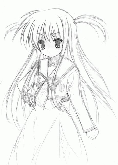 nagatsuki rio, arisa bunnings, lyrical nanoha, mahou shoujo lyrical nanoha, 00s, greyscale, monochrome, school uniform, serafuku, sketch, solo