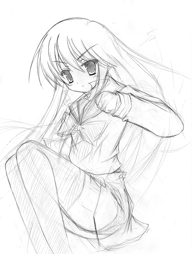 nagatsuki rio, shana, shakugan no shana, 00s, greyscale, monochrome, panties, school uniform, serafuku, sketch, solo, thighhighs, underwear