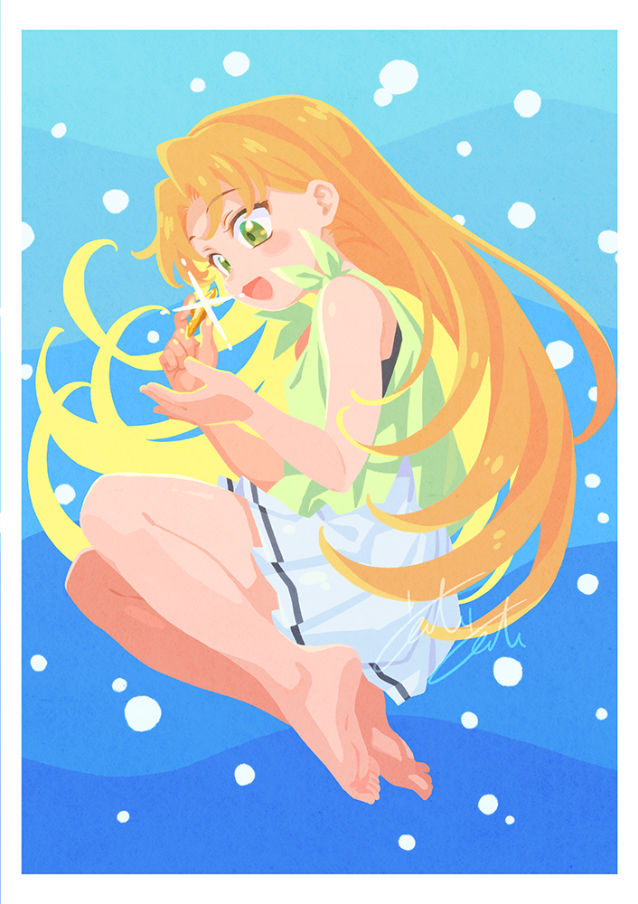 yatoyato, tanigawa ruri, ruri no houseki, commentary, 1girl, :d, air bubble, barefoot, blush, bubble, feet, floating, full body, gem, green eyes, green shirt, holding, holding gem, long hair, open mouth, orange hair, shirt, skirt, smile, solo, underwater, white skirt