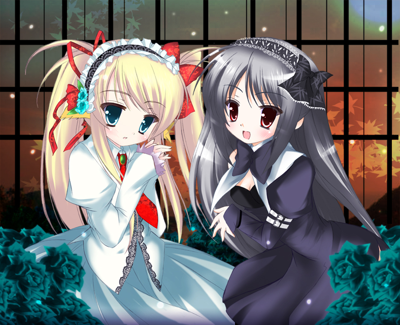 nagatsuki rio, 2girls, flower, gothic lolita, hairband, lolita fashion, multiple girls, rose, twintails