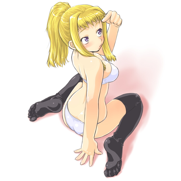 dd (ijigendd), 1girl, black thighhighs, blonde hair, bra, feet, female focus, panties, ponytail, purple eyes, sitting, soles, solo, thighhighs, toes, underwear, underwear only, wariza