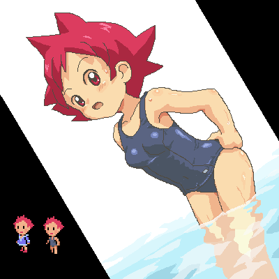 kasuga (kasuga39), kumatora, mother (series), mother 3, nintendo, lowres, 1girl, :o, adjusting clothes, adjusting swimsuit, armpits, bare shoulders, collarbone, dutch angle, hands on own hips, jaggy lines, leaning forward, looking back, matching hair/eyes, one-piece swimsuit, open mouth, pink hair, pixel art, red eyes, red hair, school swimsuit, simple background, skin tight, swimsuit, wading, water