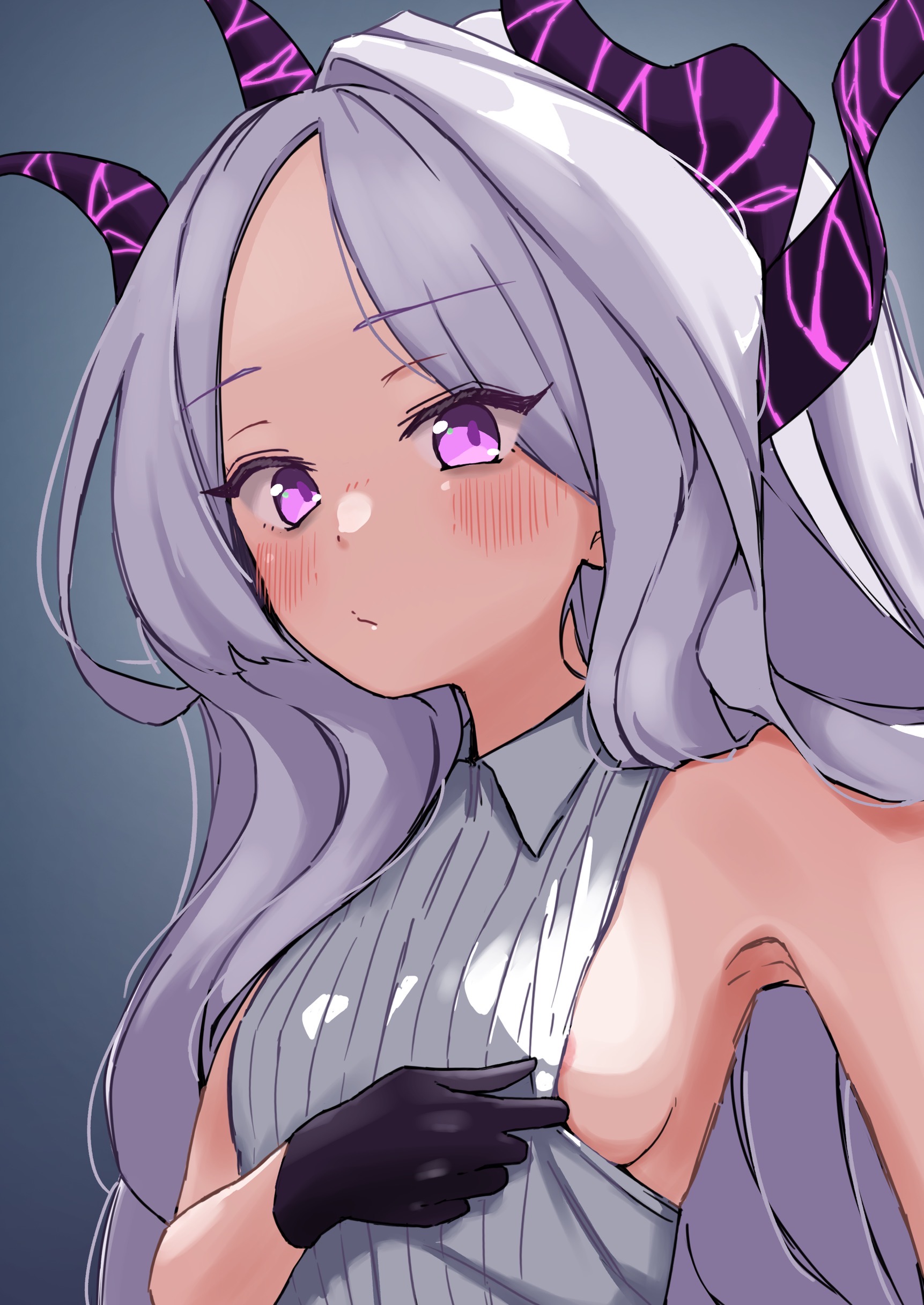 hina (blue archive), blue archive, absurdres, highres, 1girl, armpits, black gloves, blush, breasts, demon girl, demon horns, gloves, horns, long hair, looking at viewer, nipples, purple eyes, small breasts, solo, upper body, user fgar5488, very long hair, white hair